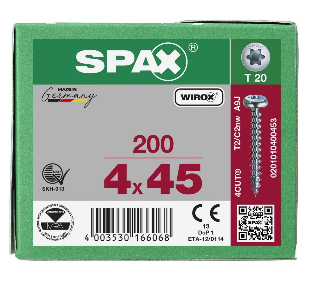 SPAX Spanplattenschraube verzinkt, 200 Universalschraube, 4x45 (Stahl weiß St), mm
