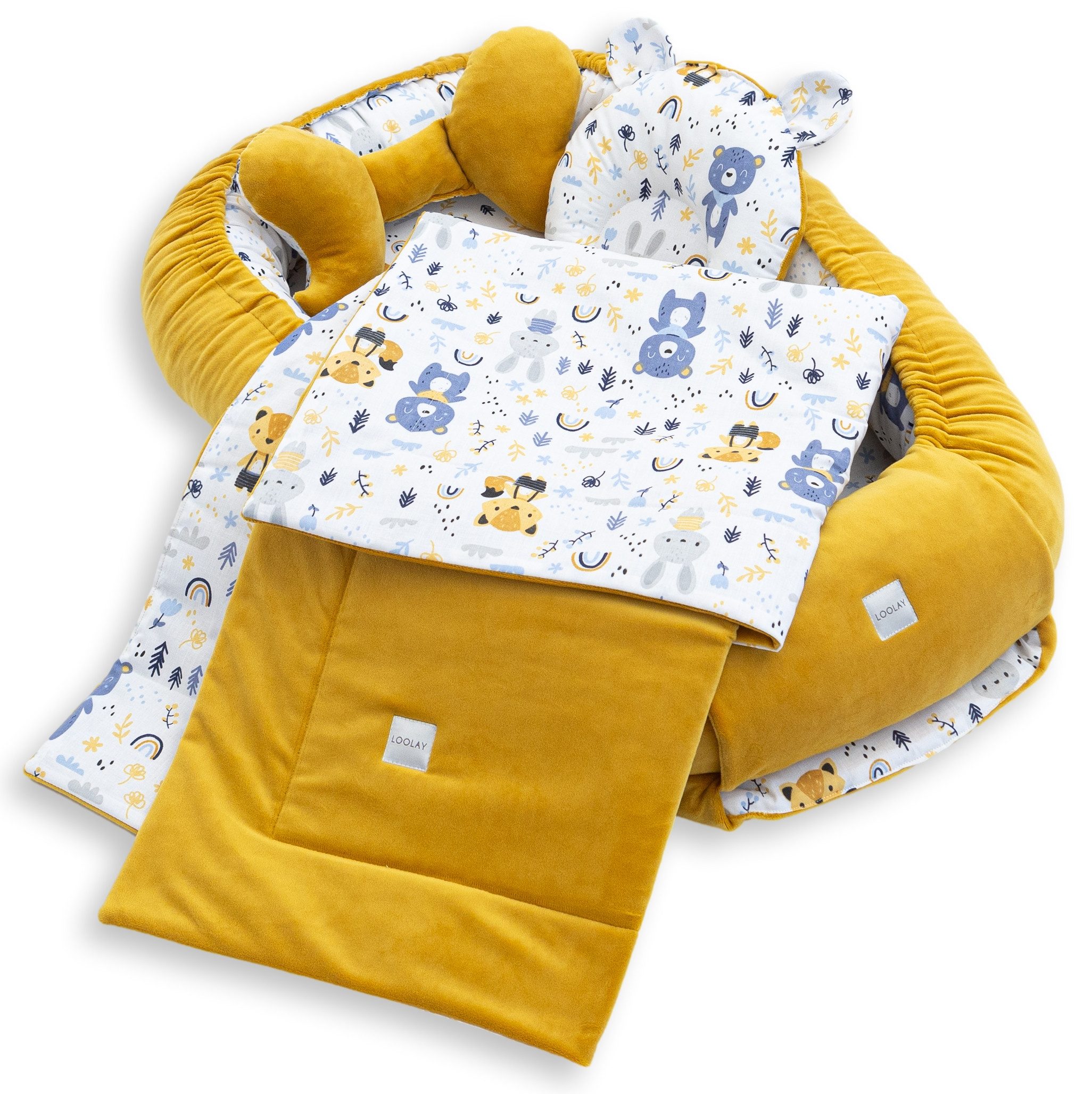 Loolay Kuschelnest BABYNEST 5 TLG. Set PREMIUM Babyausstattung Baumwolle & Samt Velours, (MUSTER: GELB Samt Velour/ Wald Tiere, 5-tlg., Liebevoll handgefertigt Nestchen! Geborgenheit Komfort für Neugeborene), Premium Ausstattung - 100% Europäische Stoffe und Kleinserien-Nähen!