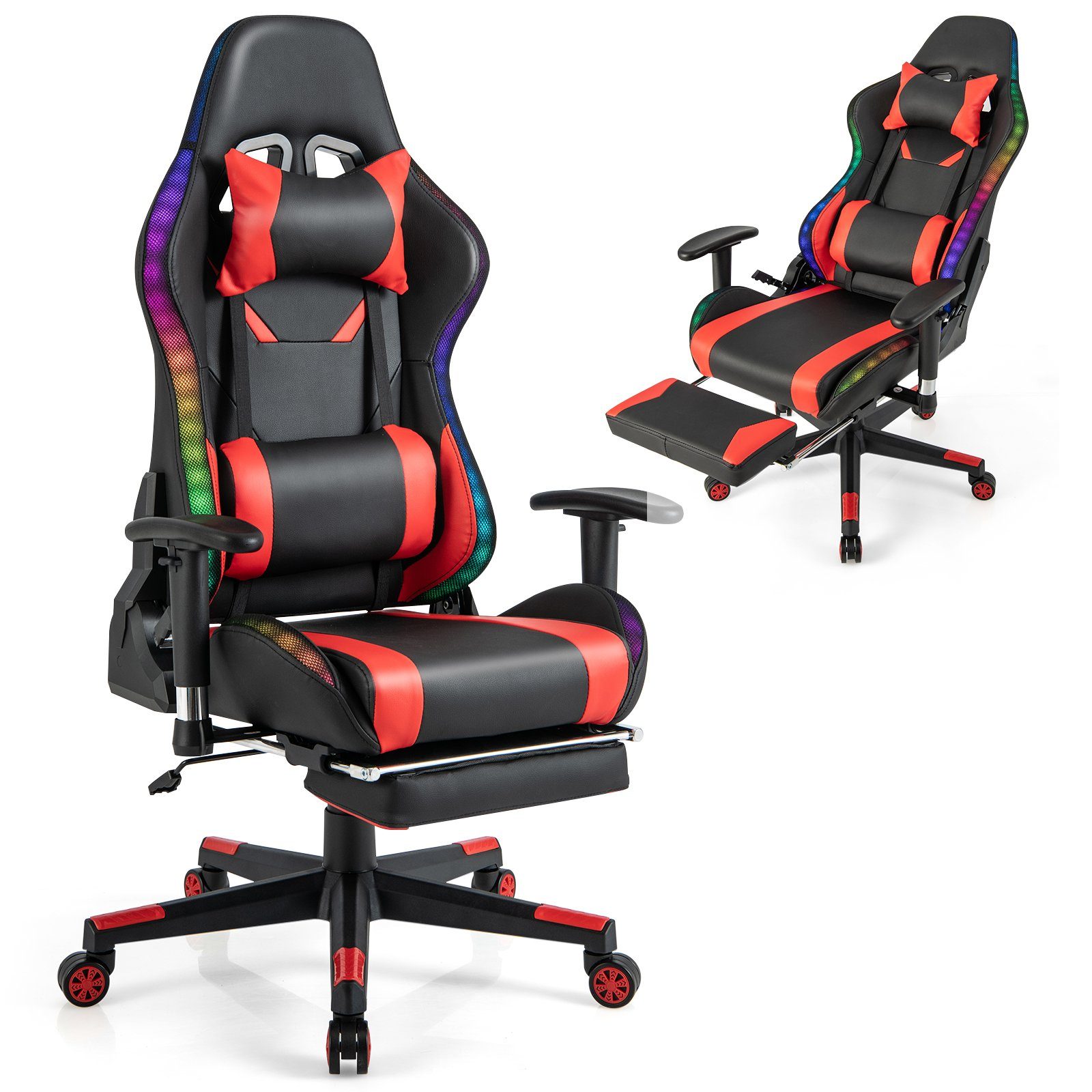 COSTWAY Gaming-Stuhl, mit RGB-LEDs, einziehbarer Fußstütze, bis 160kg schwarz, rot