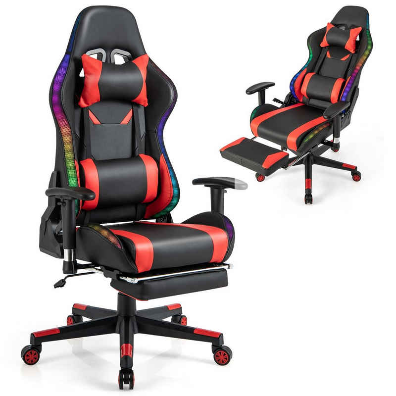 COSTWAY Gaming-Stuhl, mit RGB-LEDs, einziehbarer Fußstütze, bis 160kg
