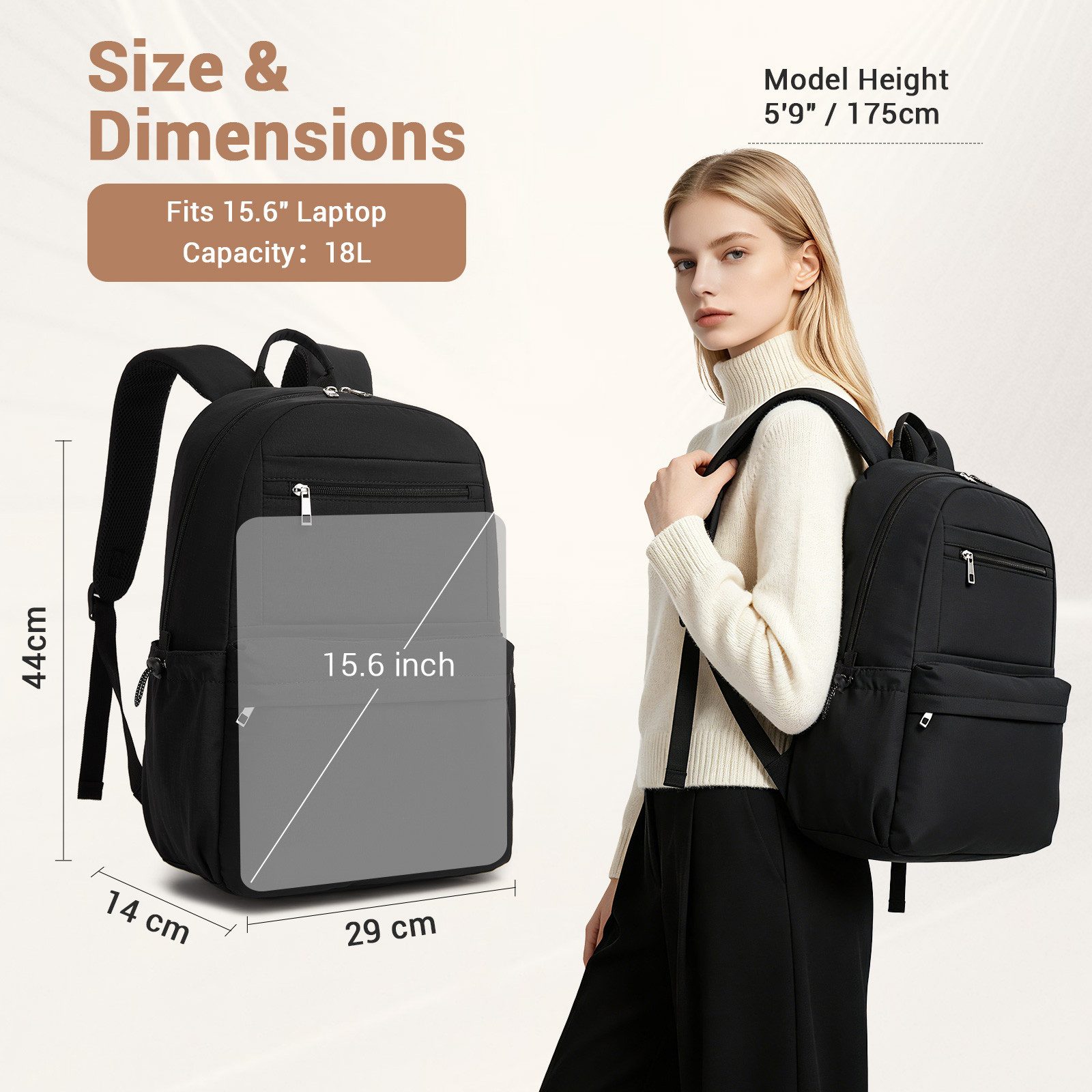KONO Schulrucksack Laptop-Rucksack 15,6 Zoll, 18L, 44×29×14cm, leicht für Schule