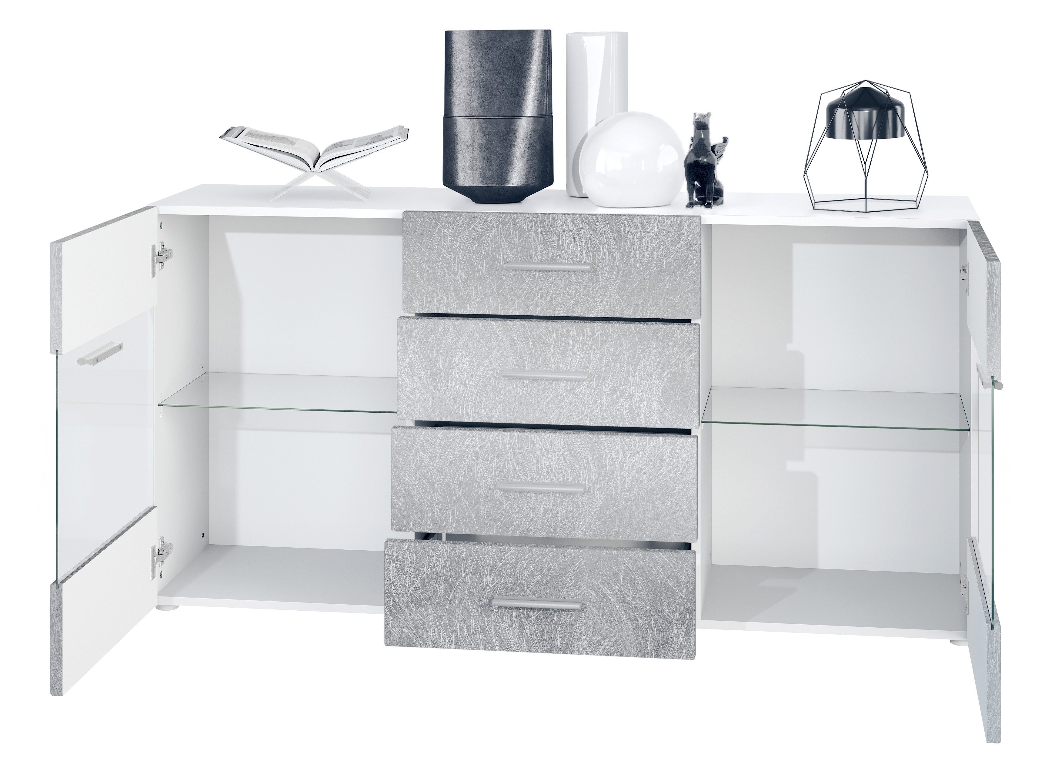 Vladon Sideboard Carlos V1 (Kommode mit 2 Türen, ​ 4 Schubladen und 2 flexible Glaseinlegeböden), Weiß matt/Brombeer Hochglanz (139 x 72 x 35)