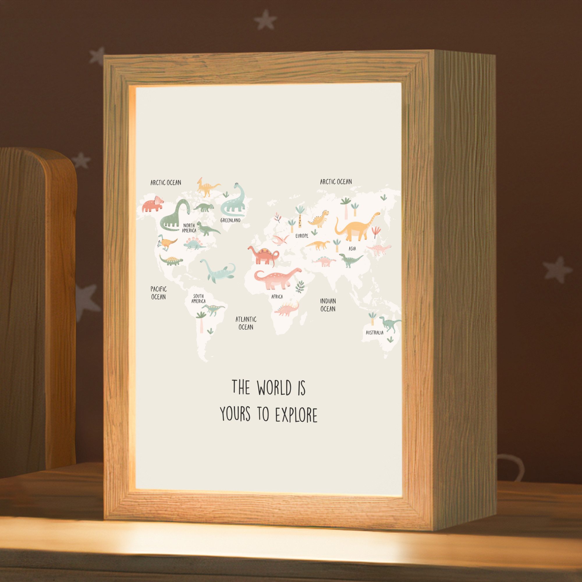 OnlyWow Nachttischlampe Lightbox Weltkarte - Dino - Kinder - Dinosaurier - Jungen, Dimmbar, Farbwechsel, LED, Warmweiß, Kaltweiß, Neutralweiß Einstellbar, Kinderzimmer, Babyzimmer, Dimmbar, mit Kabel, Nachtlampe, LED