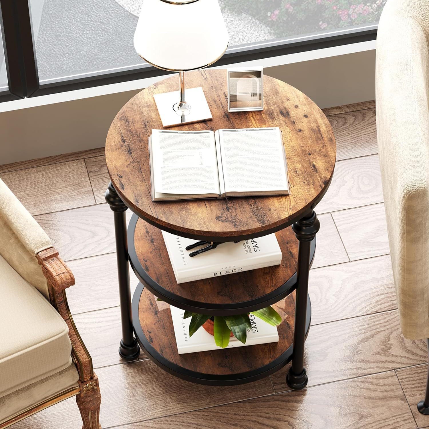 GarveeMore Beistelltisch Rund Holz,Couchtisch mit 3 Ebenen Sofatisch aus Holz und Metall, Industrie-Design Einfacher Aufbau für Wohnzimmer Schlafzimmer,Ø45x60cm
