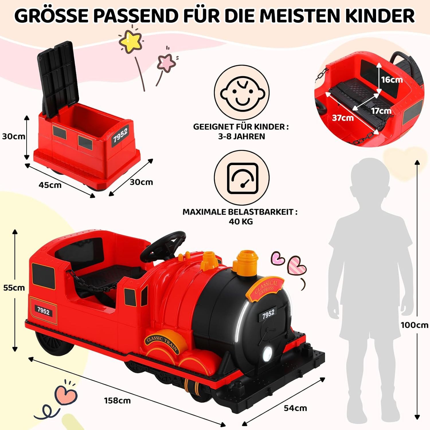 TLGREEN Elektro-Kinderauto Kinder Elektro Zug mit Fernbedienung, Großer Spielzug für 2 Kinder, Mit Anhänger und LED Licht