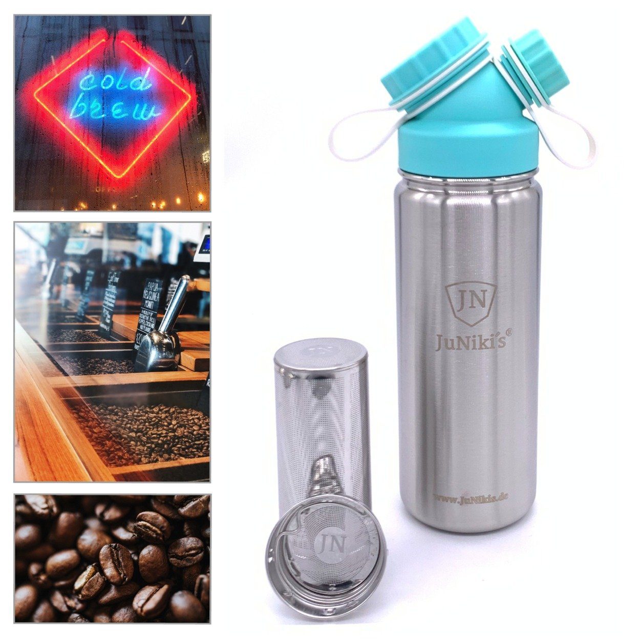 JuNiki´s Brew Deiner JN großem Kaffeekanne, extra »eco Trinkflasche (coffee, Edelstahl tea) line zur geeignet Getränke 0.55l perfekt Edelstahl-Filter«, Cold brew cold Zubereiter isolierte mit 550ml Türkis-Weiss Zubereitung