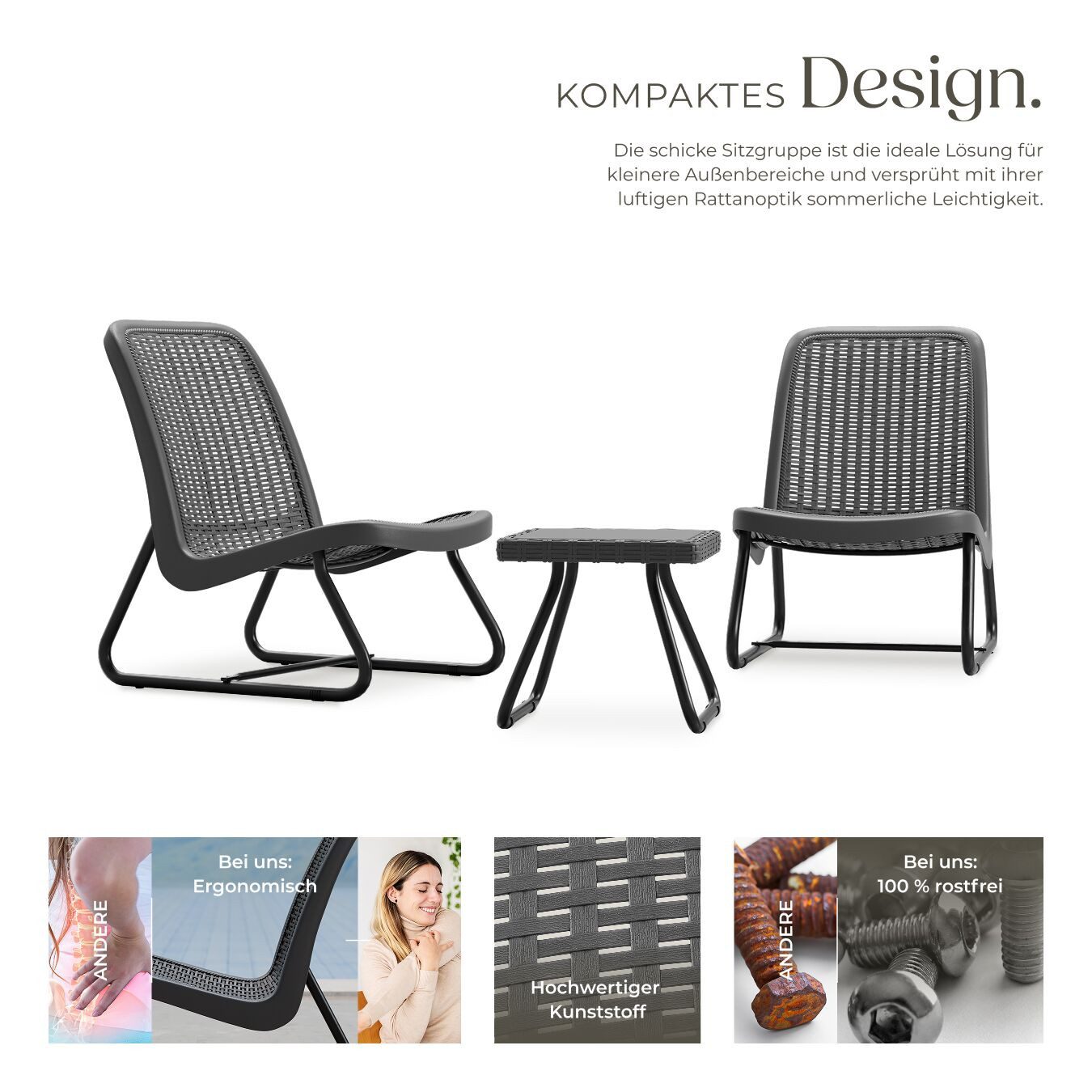 tectake Sitzgruppe Gartenlounge für 2 Personen, Belastbarkeit Stuhl 120 kg, Schraubfüße, (Loungeset Modica, 3-tlg., für Außen in Grau), in Rattanoptik, widerstandsfähig, UV-beständig, ergonomische Form