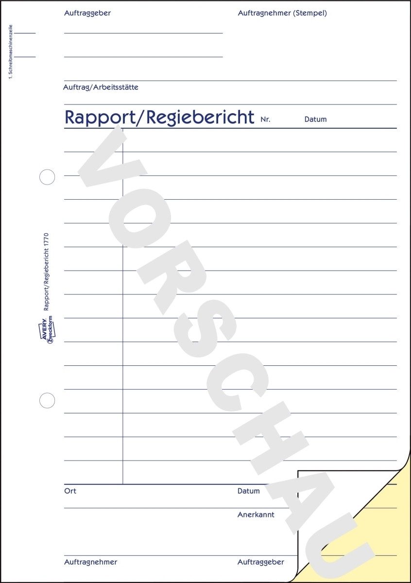 Formularblock Formularbuch Rapport/Regiebericht A5 hoch selbstdurchschreibend 2x40 B