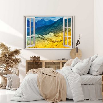 Sinus Art Leinwandbild Wandbild 120x80cm Fensterbild Berge Blau Orange Sonnenlicht Gebirge Na, (1 St)