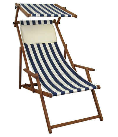 ERST-HOLZ Gartenliege Liegestuhl blau-weiß Gartenliege Strandliege Buche Sonnendach Kissen