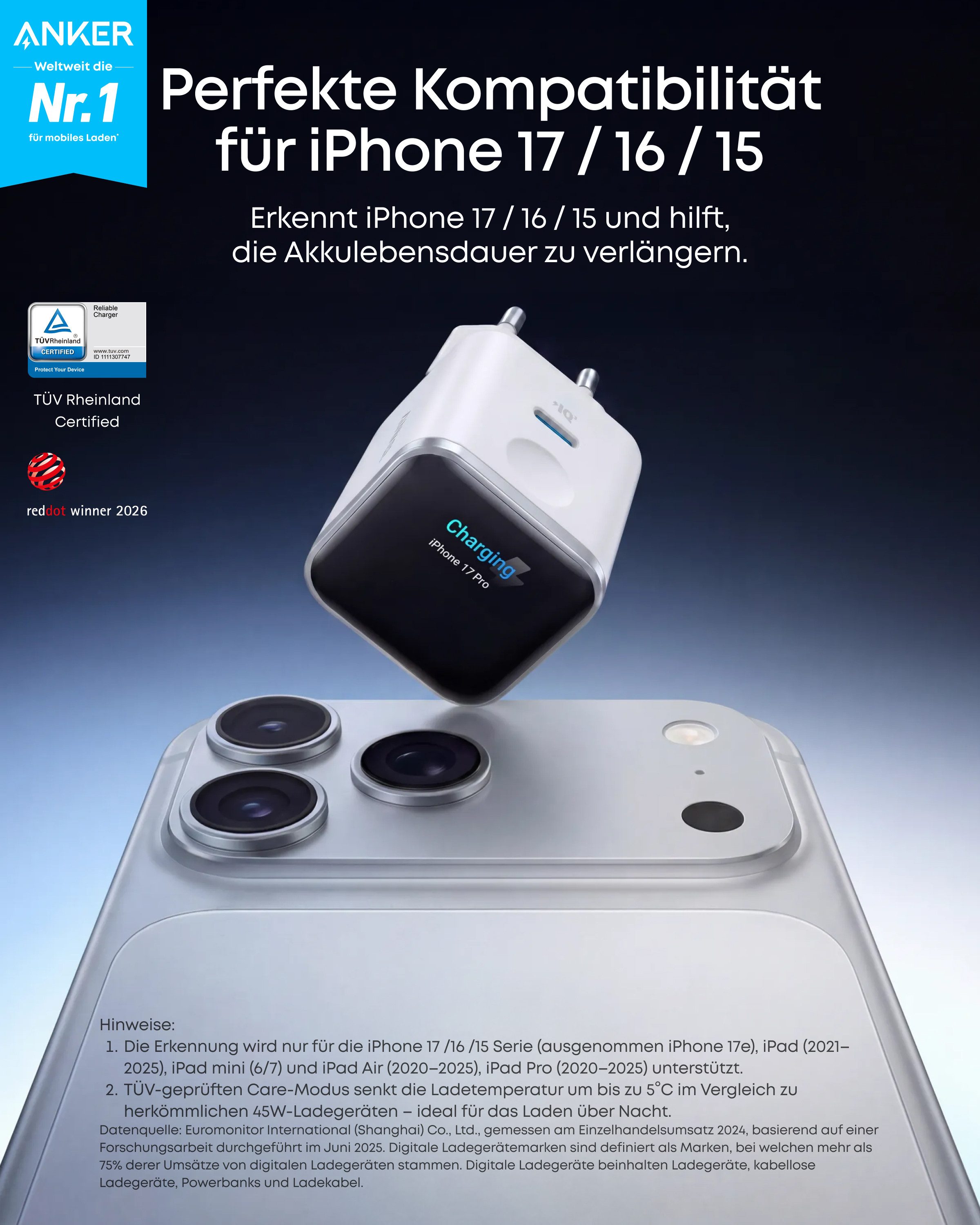 Anker Anker Nano 45W USB C Ladegerät mit Smart Display für iPhone Schnelllade-Gerät (GaN Ladegerät für iPhone 17 Pro Max iPhone 17/16/15 Serie) – Bild 2 von 5