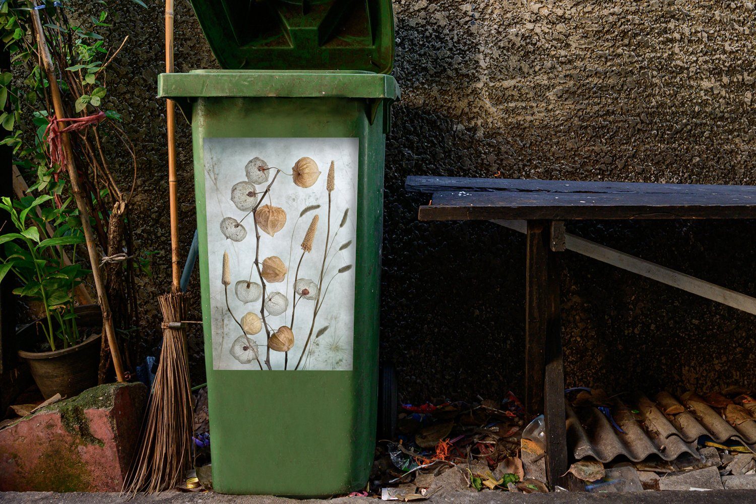 MuchoWow Wandsticker Natur Mülltonne, Herbst Stilleben - Trockenblumen Container, (1 - Sticker, St), Braun Mülleimer-aufkleber, - - Abfalbehälter
