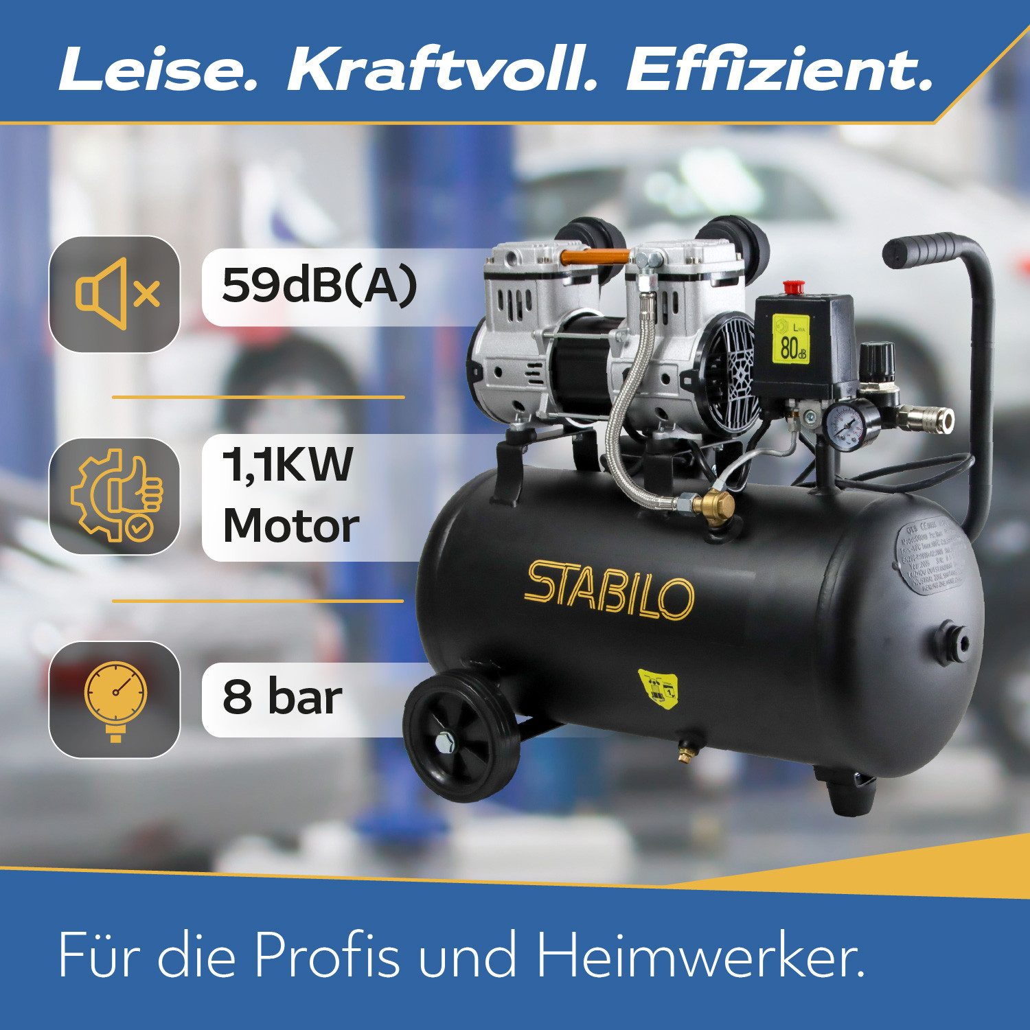 Stabilo Sanitär Kompressor Kompressor Silent 8 bar mit 24 l Kessel und 1,1 kW Schallgedämmt – Bild 2 von 5