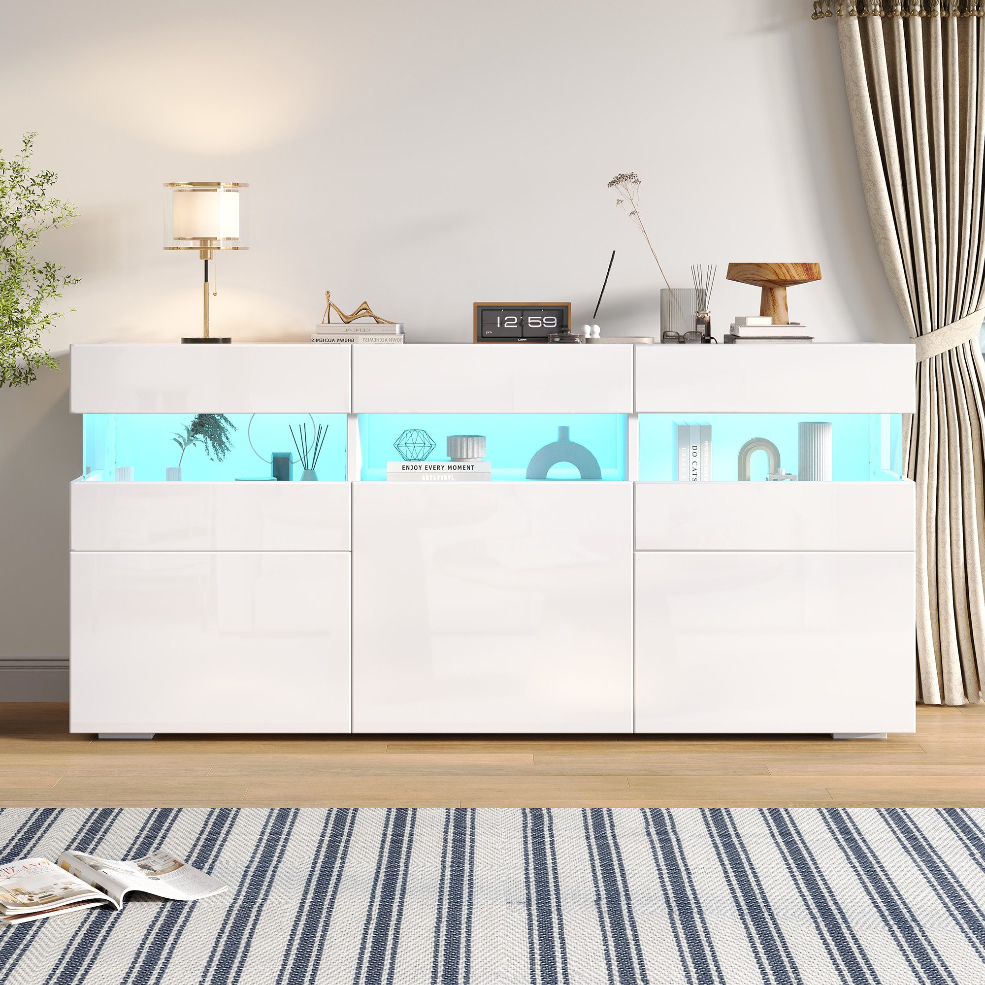 Merax Sideboard mit LED-Lichtleiste, Anrichte in Weiß mit Hochglanzfront (1 St., 140*40.5*66.5cm), Wohnzimmerschrank Kommode mit 3 Türen, 7 Ablagefächern, Acryl-Elemente