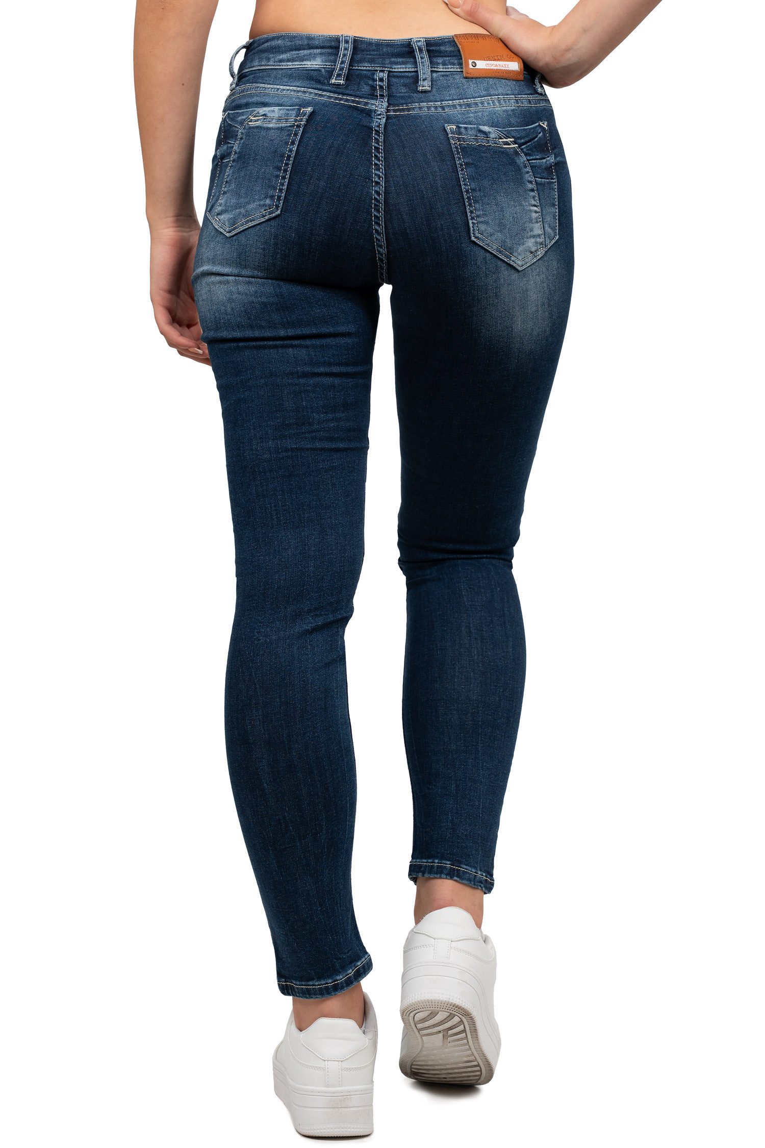 Cipo & Baxx Slim-fit-Jeans Damen Slim Fit Biker Hose Stonewashed BA-WD501 Camouflage Muster mit Aufgesetzten Reißverschlüssen – Bild 4 von 5