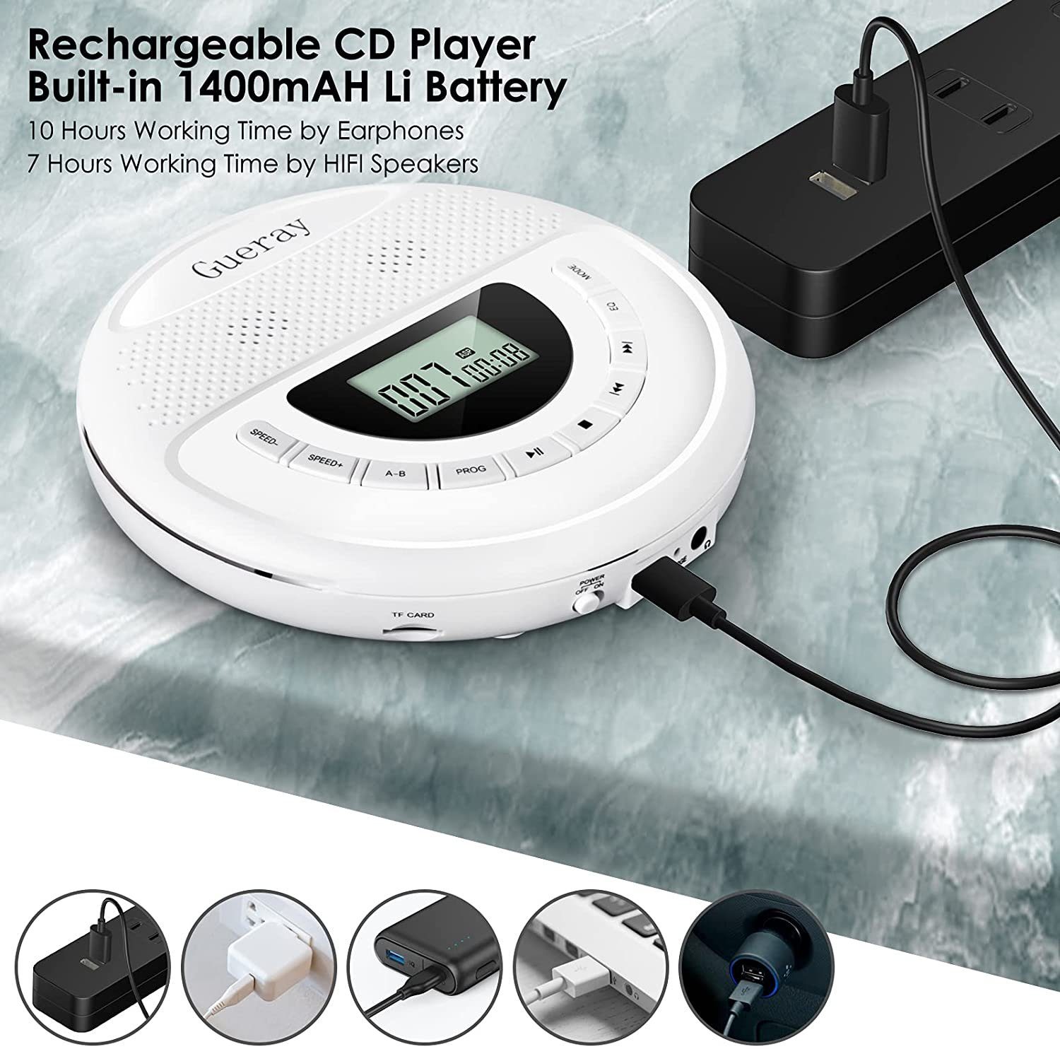 Tragbarer CD Player 1400mAh Akku Disc-Player mit Kopfhörer Skip Schutz MP3/WMA 