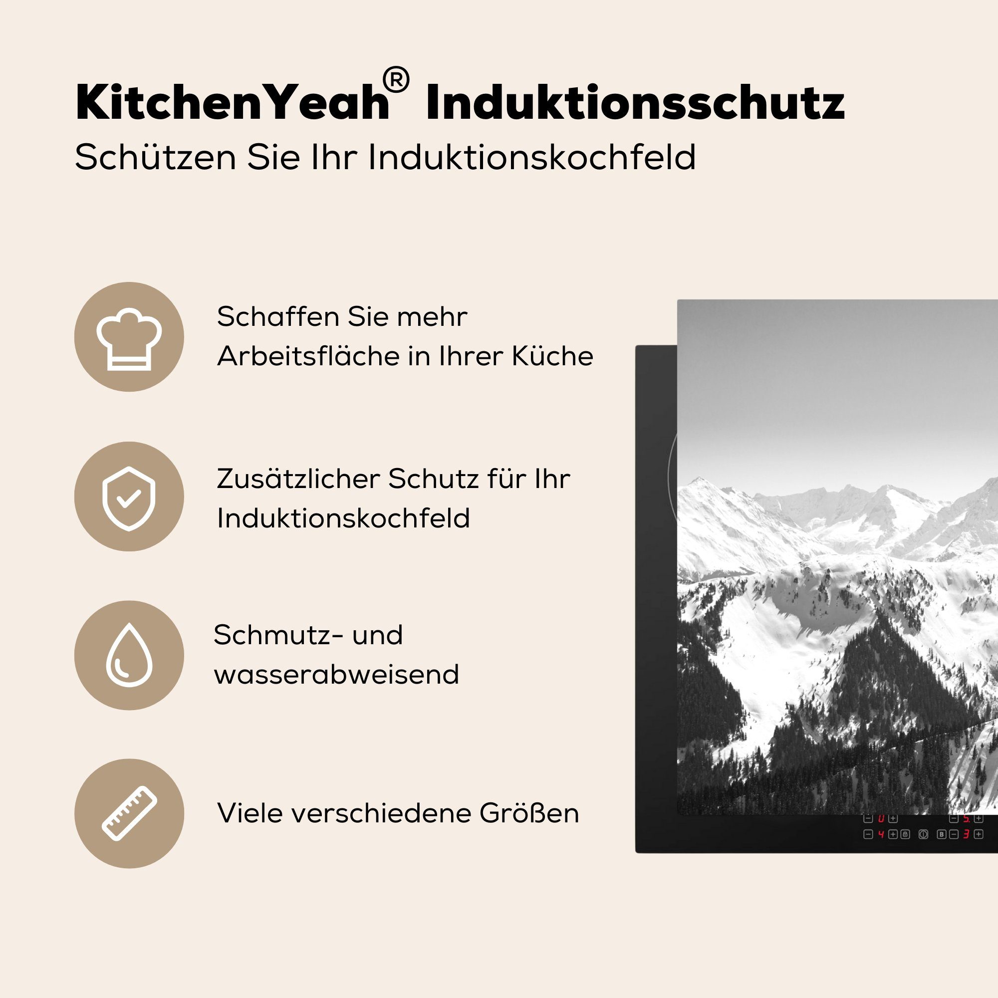 - den Arbeitsplatte Alpen 83x51 tlg), (1 weiß, in Berggipfel MuchoWow schwarz Ceranfeldabdeckung, küche Vinyl, Verschneite für cm, und Herdblende-/Abdeckplatte