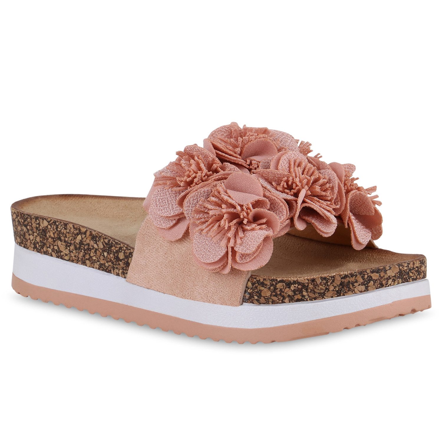 VAN HILL 841094 Sandalette Damen Pantoletten Sandaletten Plateau Volants Korkoptik