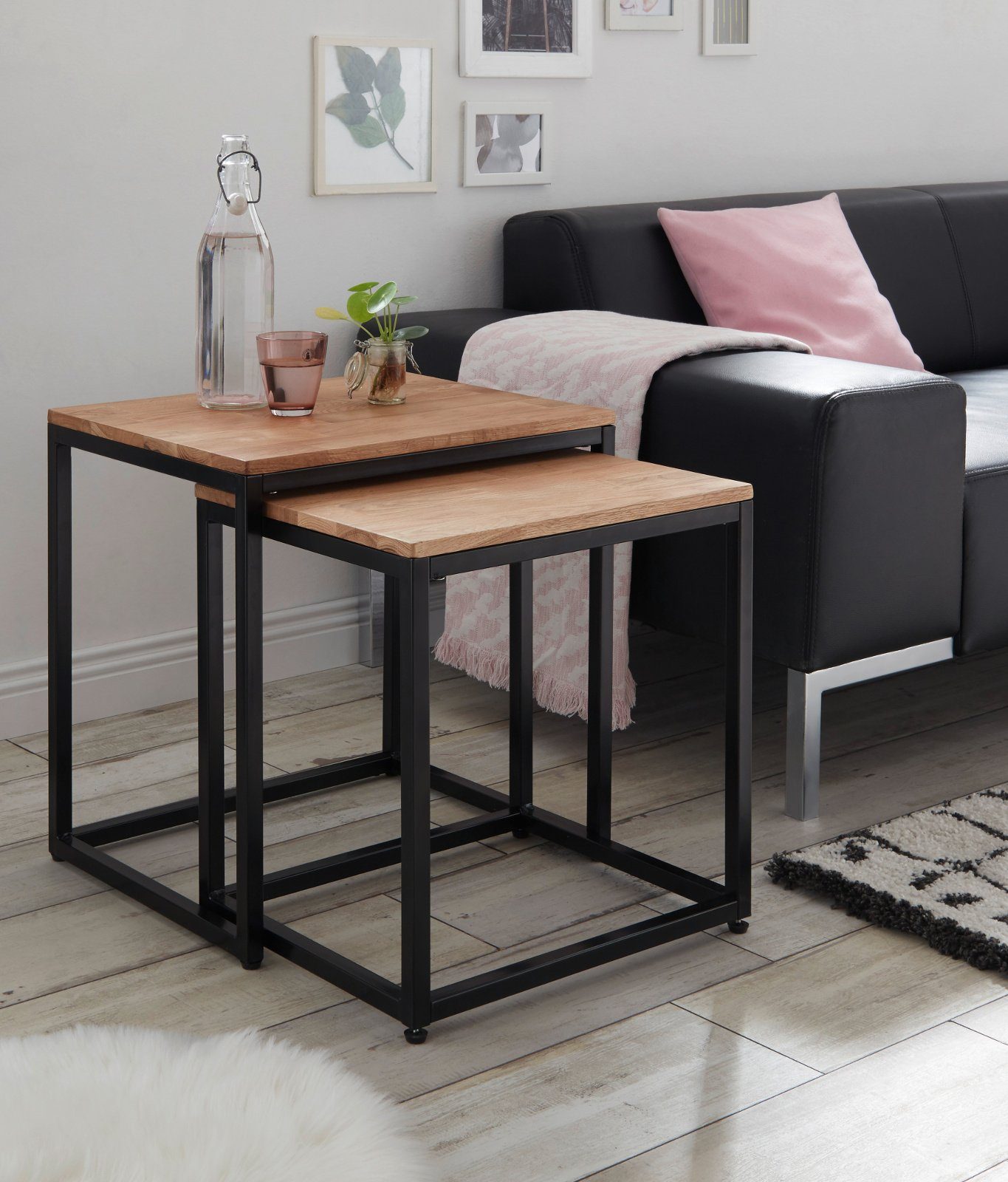 MCA furniture Couchtisch Sakura (Beistelltisch Metallgestell 2er Set, massiv, schwarz), Asteiche geölt