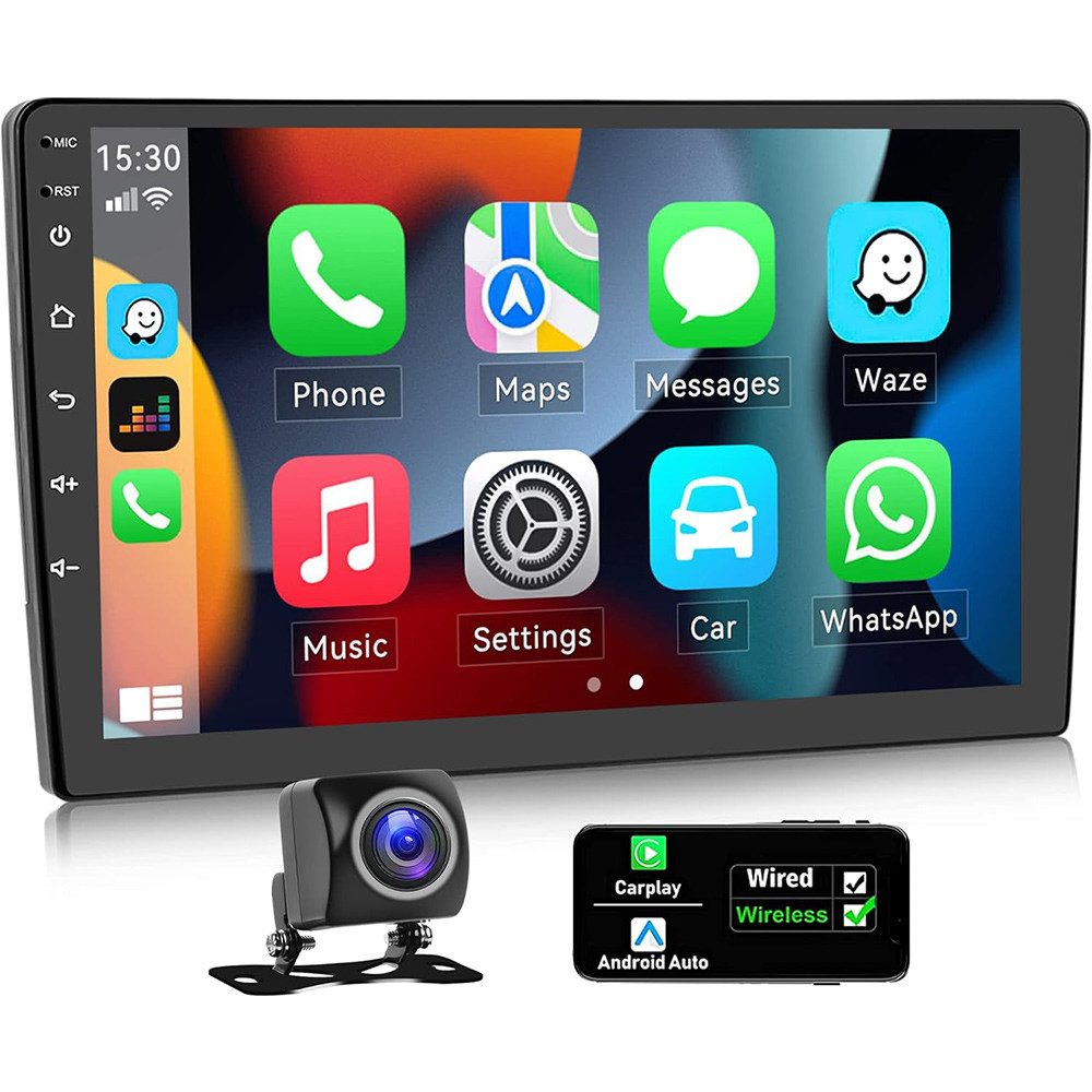 Hikity Android 15 Wireless Carplay 2 DIN Navi 10.1 Zoll Touch Bluetooth WiFi Autoradio (mit AHD Rückfahrkamera, 45,00 W, Bluetooth, WiFi, FM, RDS HiFi Sound)