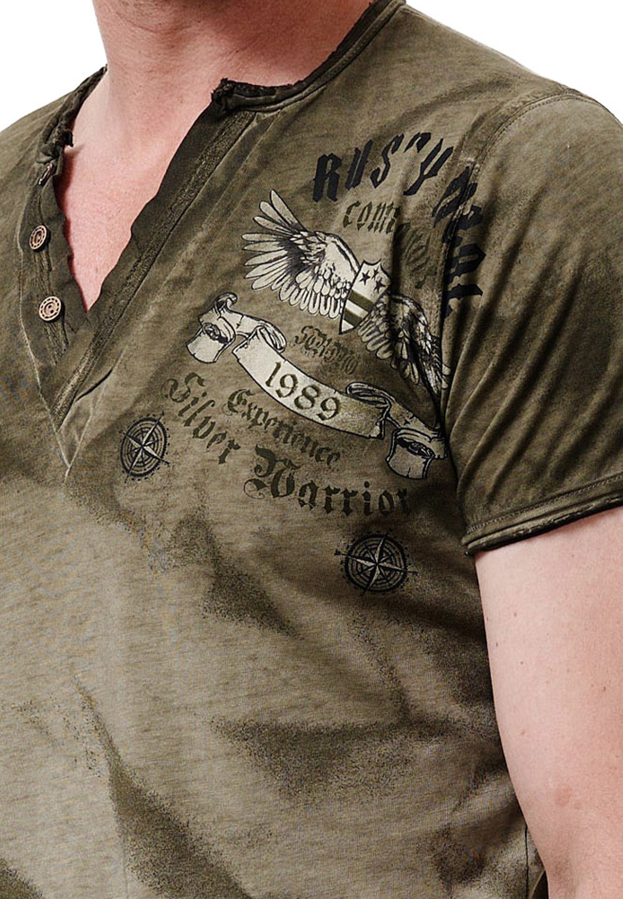 Rusty Neal T-Shirt mit großem auf Rückseite der khaki Print