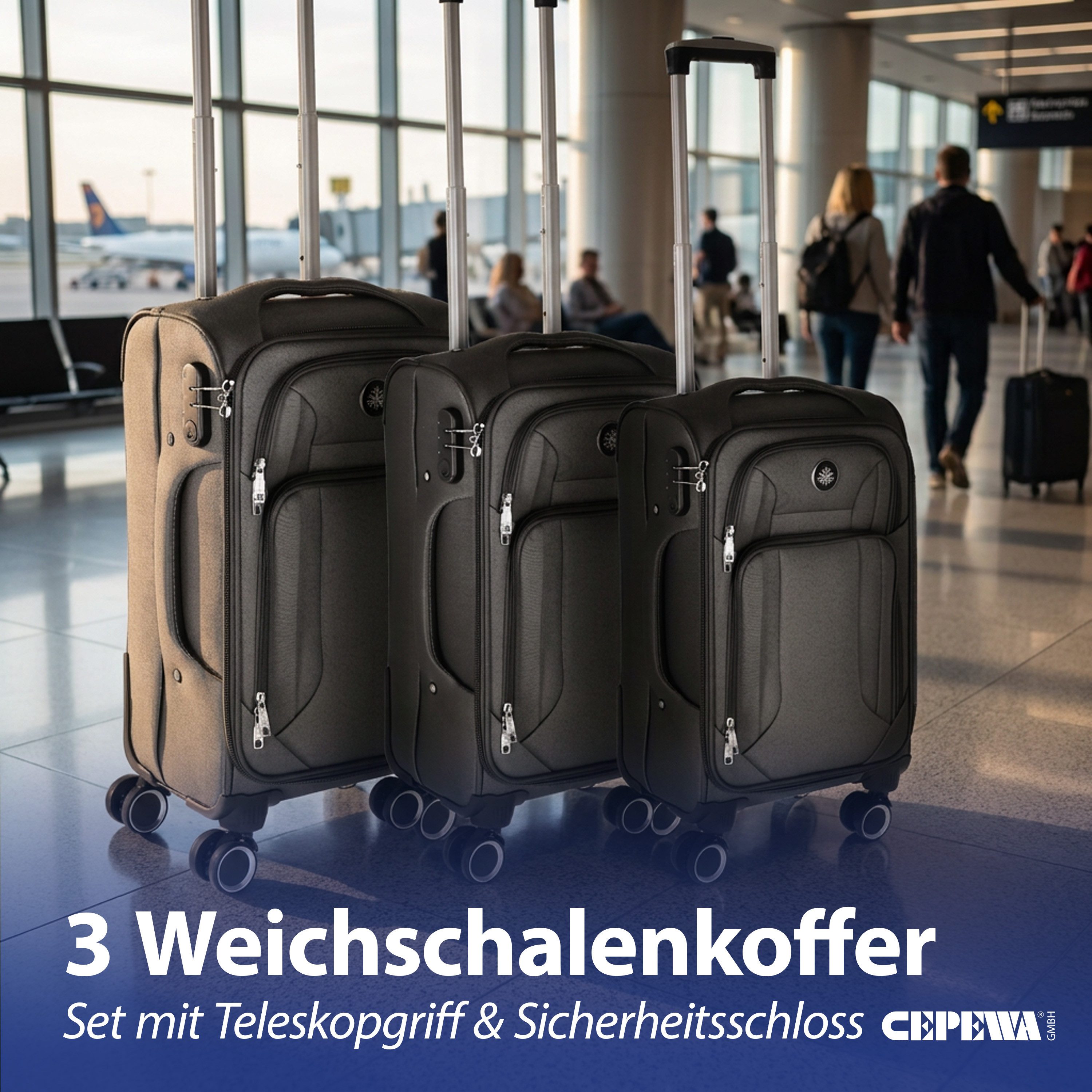 CEPEWA Kofferset Kofferset 3er Set Stoff schwarz 3 Größen Zahlenschloss Doppelrolle