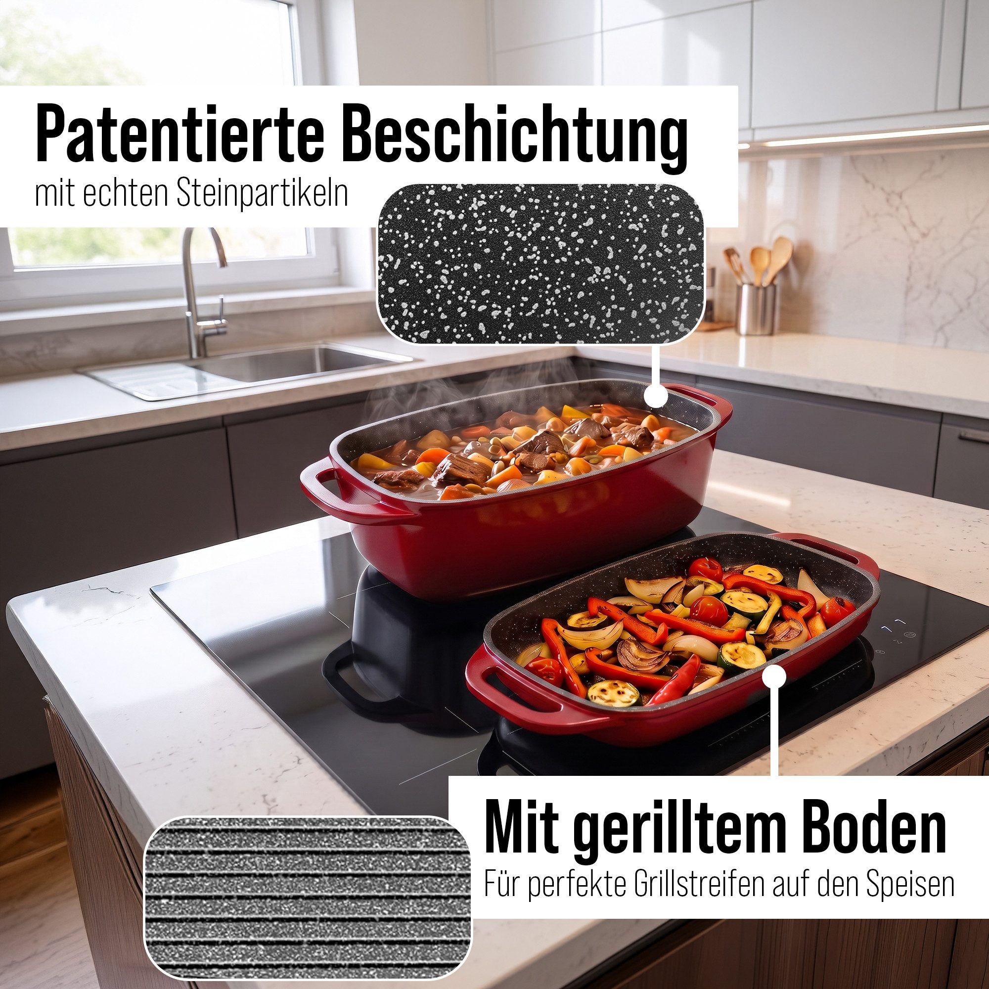STONELINE Bräter mit Aluguss-Deckel auch als Auflaufform verwendbar (43x26, rot), Aluminiumguss (2-tlg), Multifunktions-Bräter, induktionsgeeignet, Designed in  – Bild 4 von 5