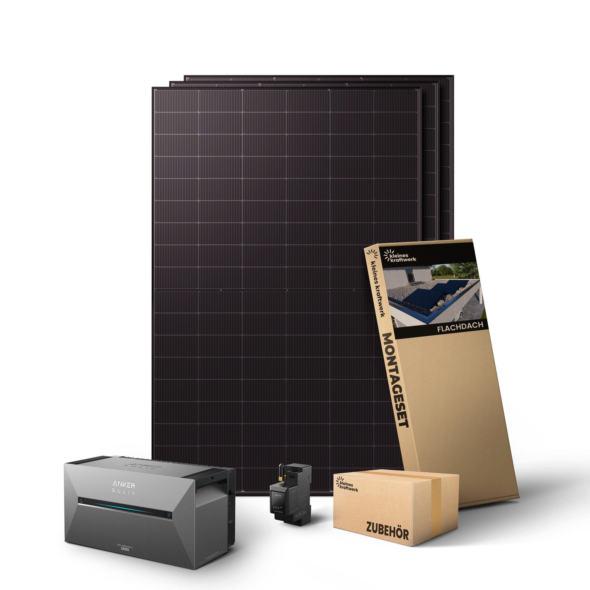 Kleines Kraftwerk Balkonkraftwerk, 1500 W, Monokristallin, (Flachdach/Garten, Solaranlage Komplettset mit Speicher), 3 x 500W, Anker Solarbank 3 Pro, Wechselrichter