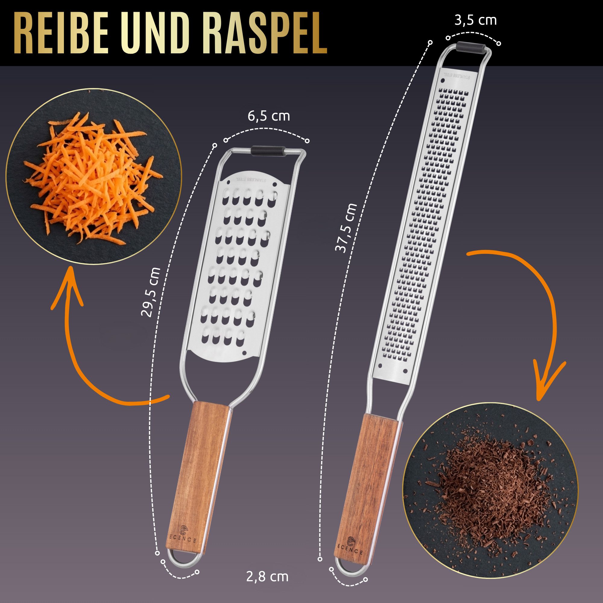 ECENCE Käsereibe Küchenreiben Set 2-teilig Edelstahl mit Akazienholzgriff, fein & grob