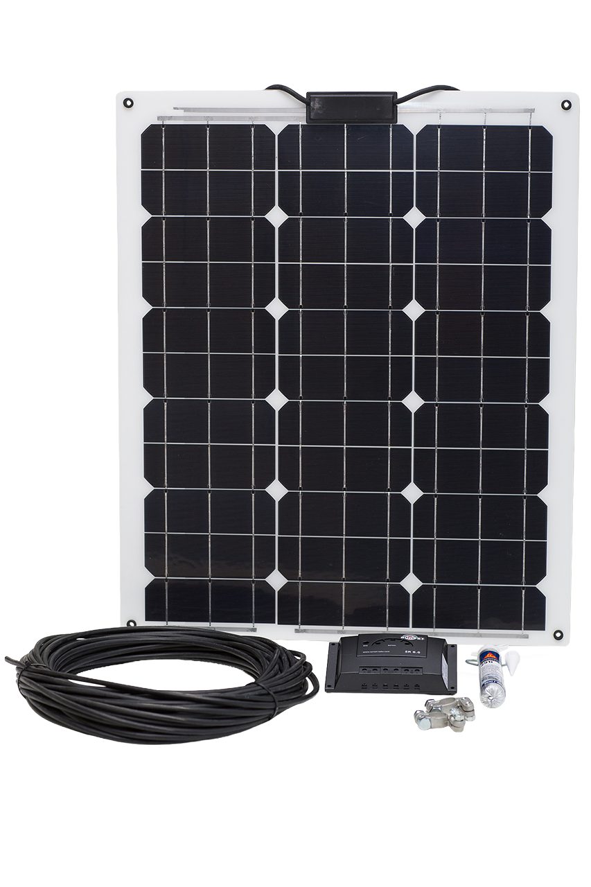 Sunset Solaranlage Laminat-Stromset SM 50L, 15 Watt, 12 V, für Boote und Fahrzeugdächer, (inkl. Laderegler 6 A, Sikaflex-Kleber, 10 m Kabel, Batteriepolklemmen), „Made in Germany“ nach ISO 14001 zertifiziertem Umweltmanagement