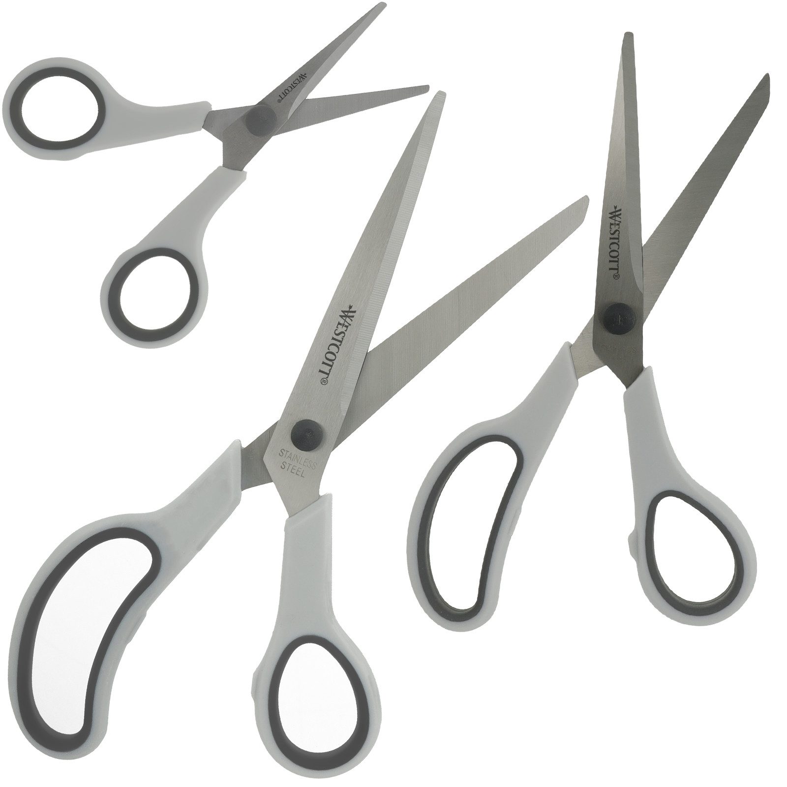 WESTCOTT Scheren-Set Easy Grip Scheren 3 Stück Grau, Universalscheren mit Komfort-Griff, (Vorteilspack, 3-tlg), Extrascharfe & langlebige Edelstahlklinge