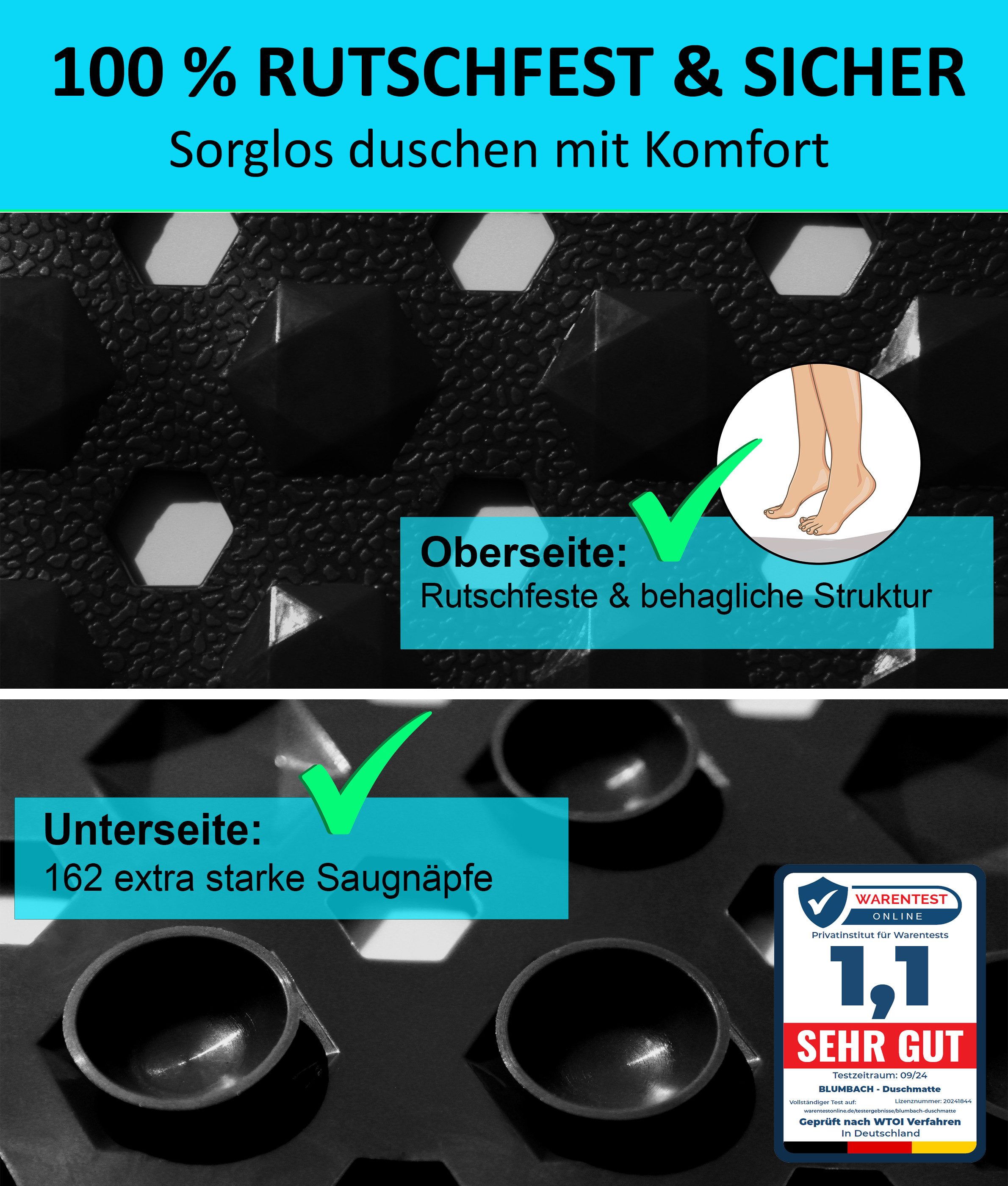 Blumbach Duschmatte - griffige Antirutschmatte Diamant 53 x 53 cm, - 100% BPA-frei, inkl. 2 Haken zum Aufhängen, Duscheinlage, schimmelressisten & maschinenwasc – Bild 2 von 5