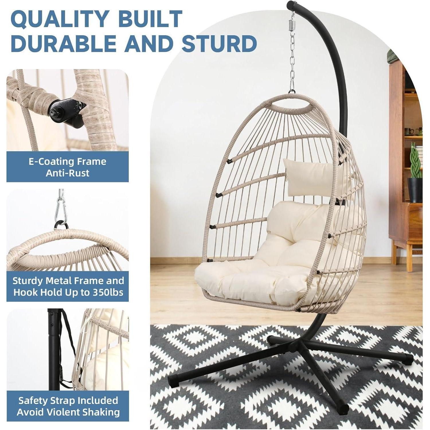 LuxusKollektion Hängesessel Eierstuhl Ständer faltbar Aprikosengrau Egg Chair mit Ständer
