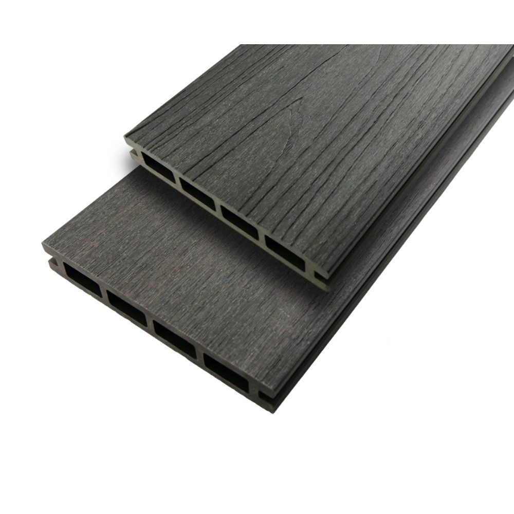 Woodstore24 Terrassendielen WoodoThassos WPC Hohlkammerdiele coextrudiert 3D Holzoptik, 10,00 m², BxL: je 14,00x240,00 cm, 25,00 mm Stärke, (Set, 30-St., farbstabil, splitterfrei & beidseitig begehbar, in teak/dunkelgrau), WPC Set mit Clipsystem für Garten, Terrasse und Balkon