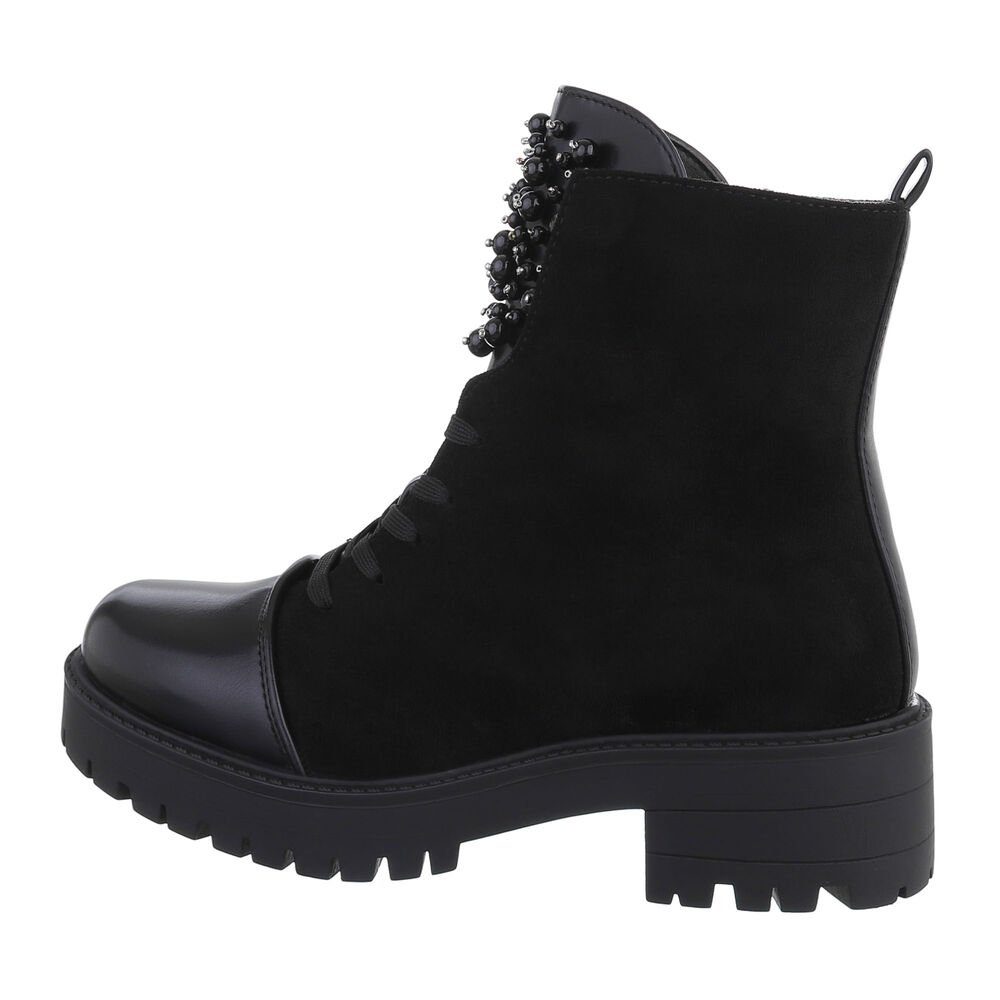 Ital-Design Damen Schnürschuhe Freizeit Stiefelette Blockabsatz Plateaustiefeletten in Schwarz