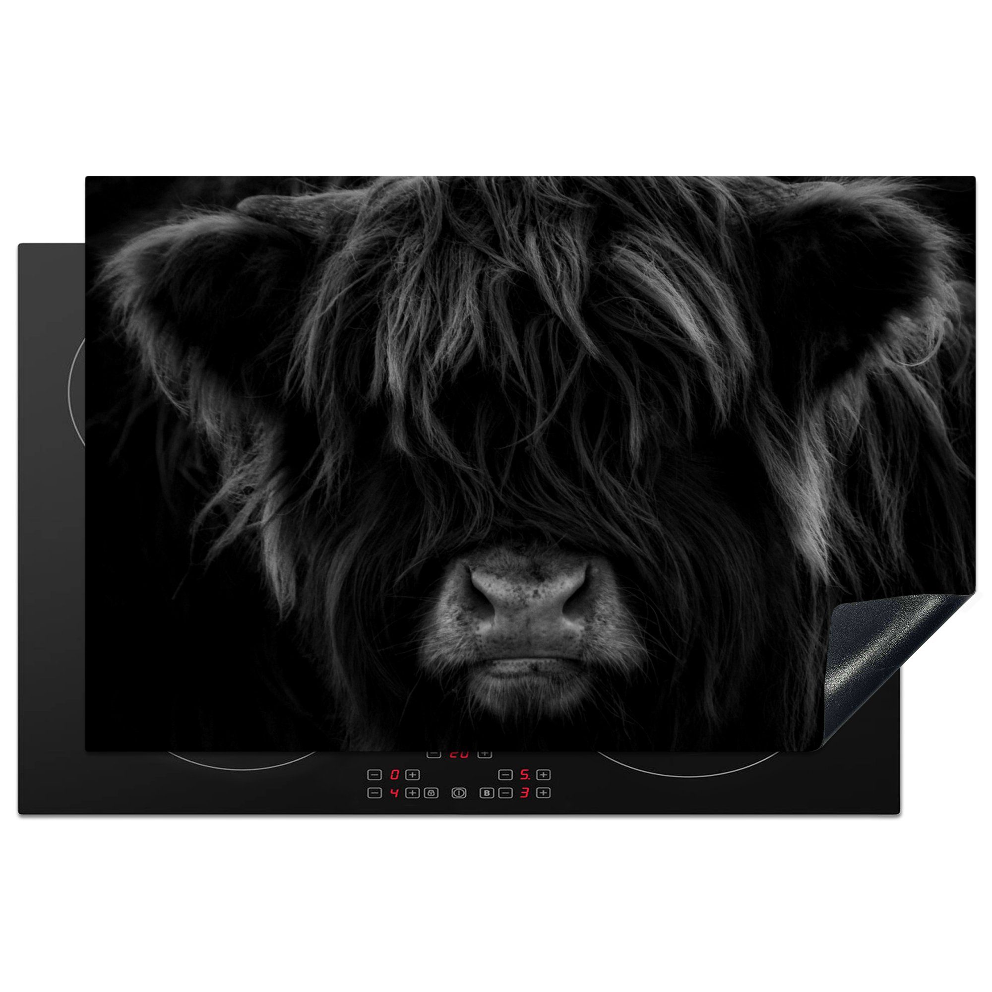MuchoWow Herdblende-/Abdeckplatte Schottischer Highlander - Kuh - Porträt - Tiere - Schwarz - Weiß, Vinyl, (1 tlg), 81x52 cm, Ceranfeldabdeckung, Arbeitsplatte für küche