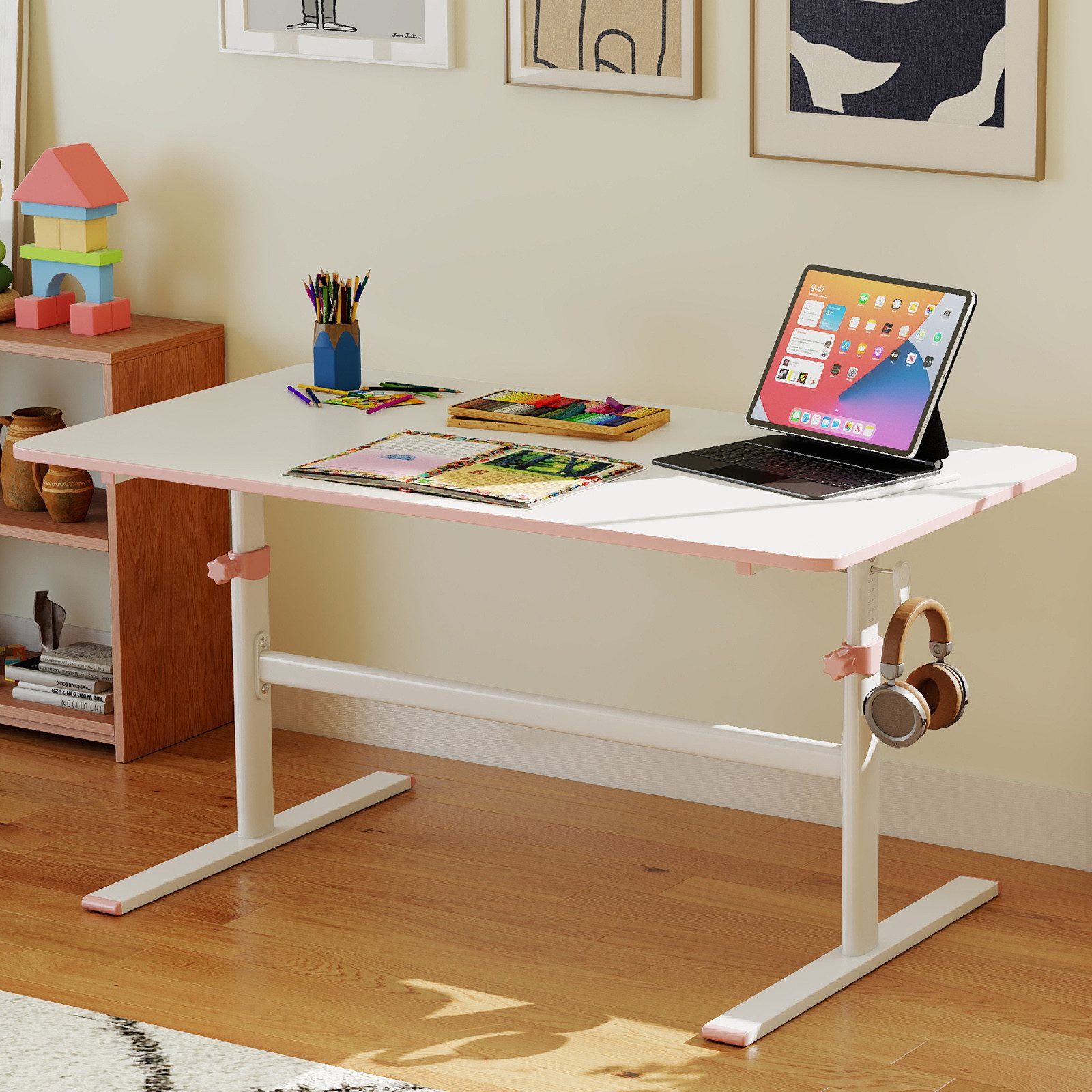 JOYLDIAS Kinderschreibtisch 110 x 60 cm mit Handkurbel, höhenverstellbar (1-St), Blendfreie Tischoberfläche, Einklemmschutz und abgerundete Tischecken