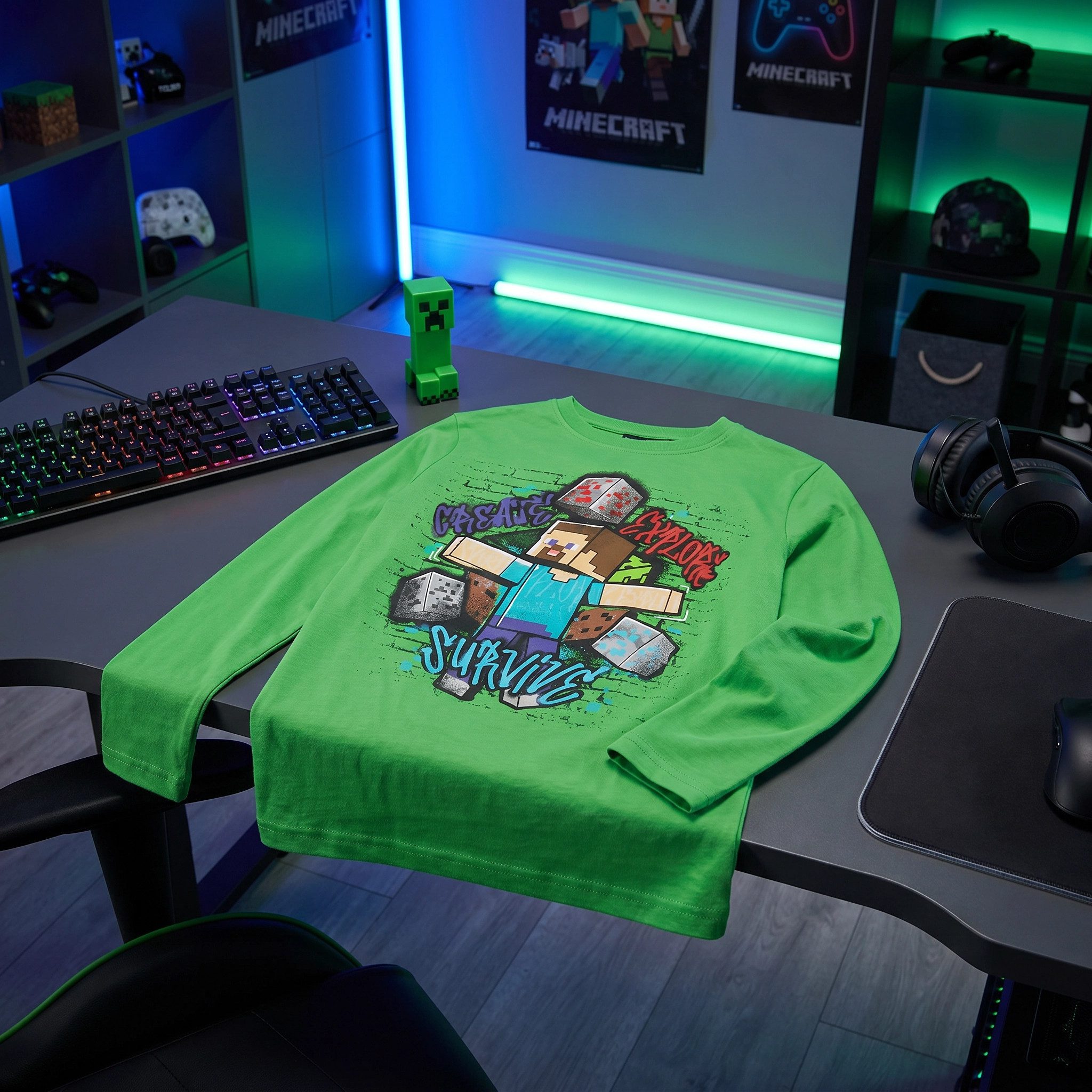 Minecraft Langarmshirt Minecraft Steve Survive Kinder langarm Shirt Gr. 116 bis 152, 100% Baumwolle