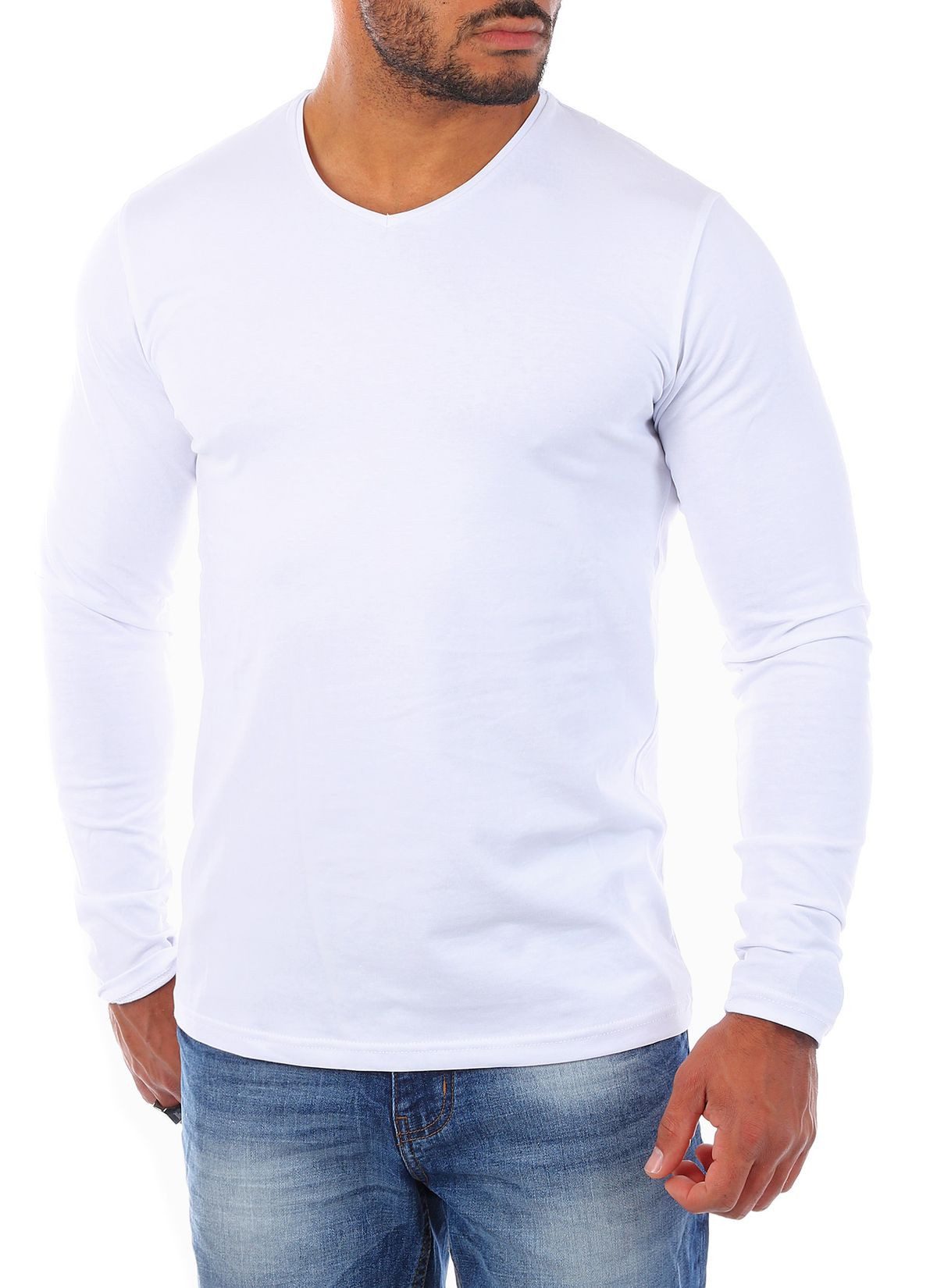 Young & Rich Langarmshirt Herren Uni Basic Longsleeve V-Ausschnitt V-Neck Unterziehshirt 2001 Rundhalsauschnitt unifarben langarm slim fit