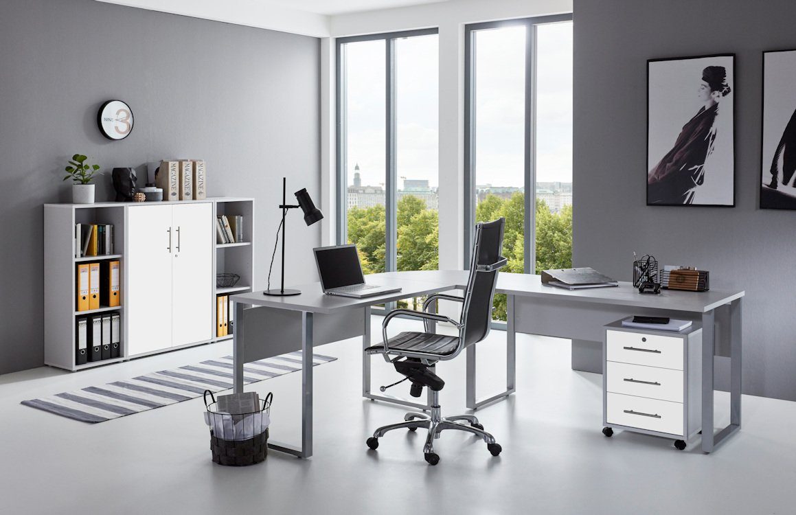 moebel-dich-auf Büromöbel-Set OFFICE EDITION, (Büromöbel abschließbar, Made in Germany, Set 2) lichtgrau / weiß matt
