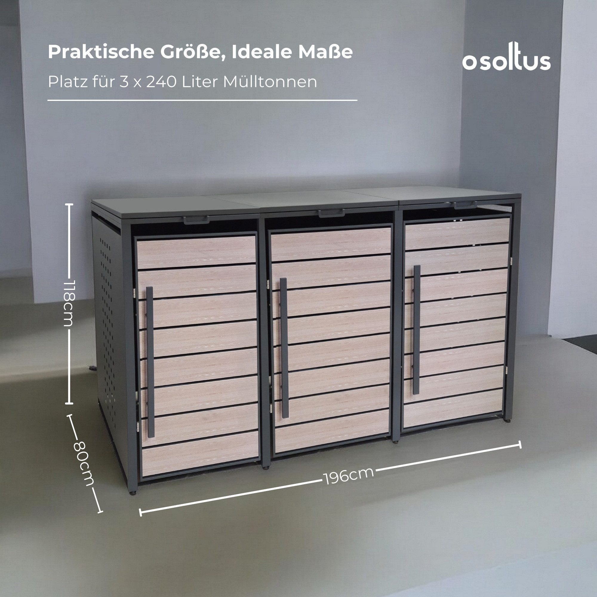 osoltus Gartenhaus Metall Mülltonnenbox 3er Mülltonnenverkleidung 196 x 118 cm BoxyWood3