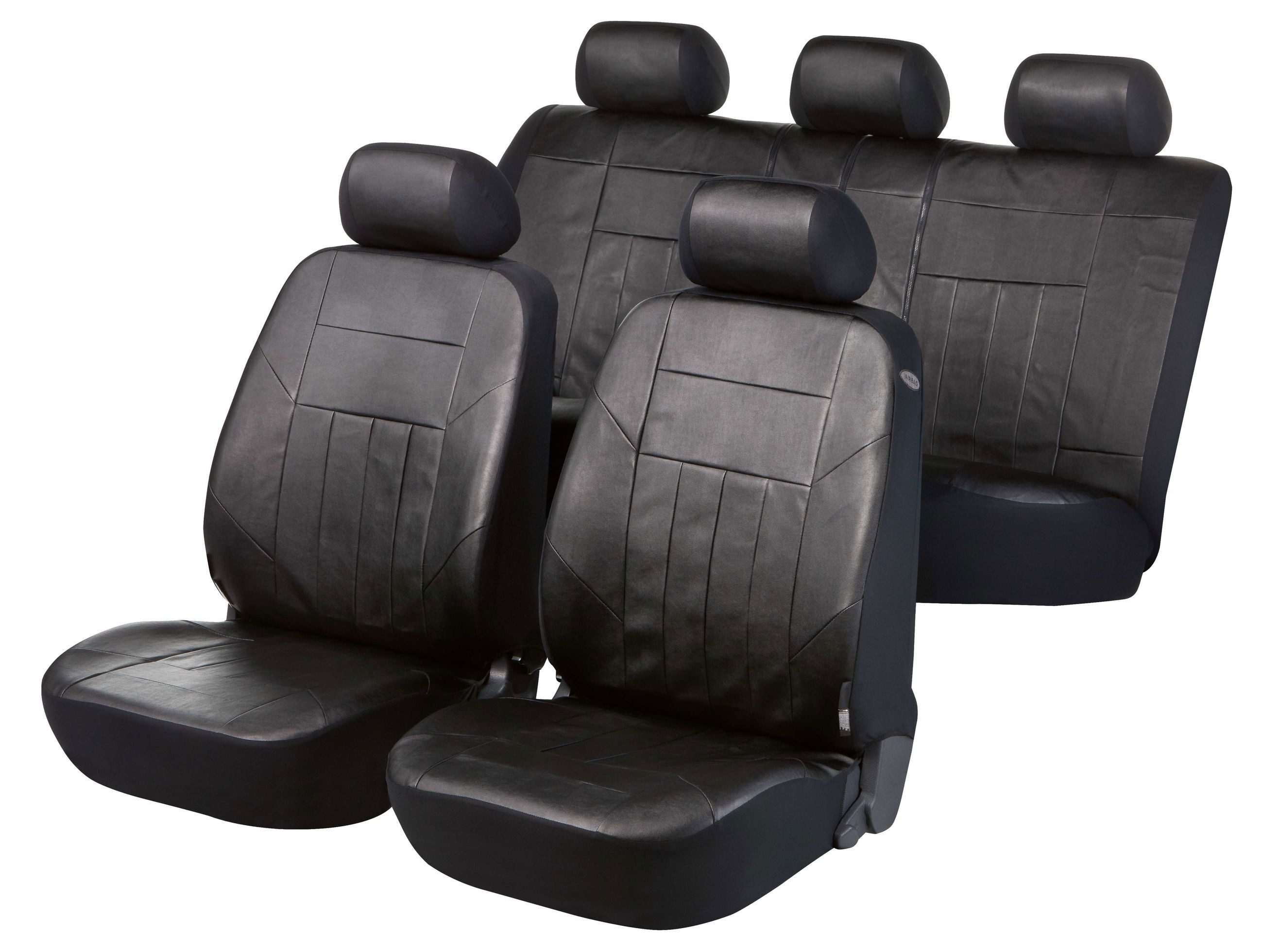 WALSER Autositzbezug Autositzbezug Soft Nappa schwarz aus Kunstleder, 2 Vordersitzbezüge 2tlg, 1 Rücksitzbezug 8tlg, 5 Kopfstützenbezüge, 17-tlg.