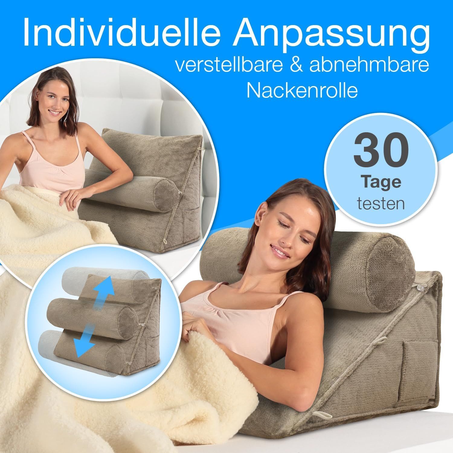 ELONEO Rückenkissen mit Nackenrolle für Bett & Sofa, 55x50x30cm, waschbarer Bezug
