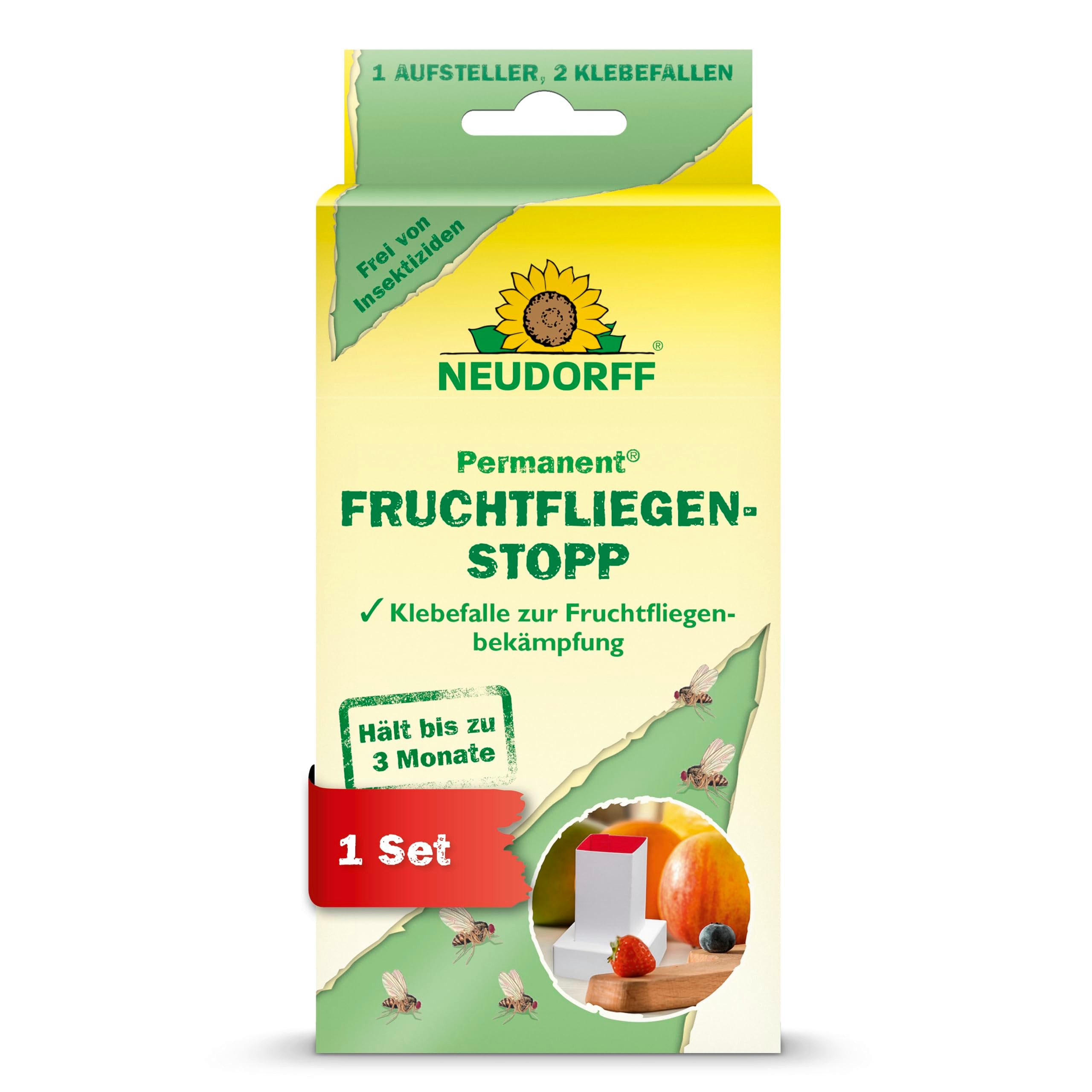 Neudorff Insektenspray Permanent FruchtfliegenStopp, Fruchtfliegenfalle fängt effektiv Frucht,- Obst- und Essigfliegen mit 3 Monaten Langzeitwirkung, Geruchlos und insektizidfrei, frei von Insektiziden, geruchlose Klebefalle, hält bis zu 3 Monat