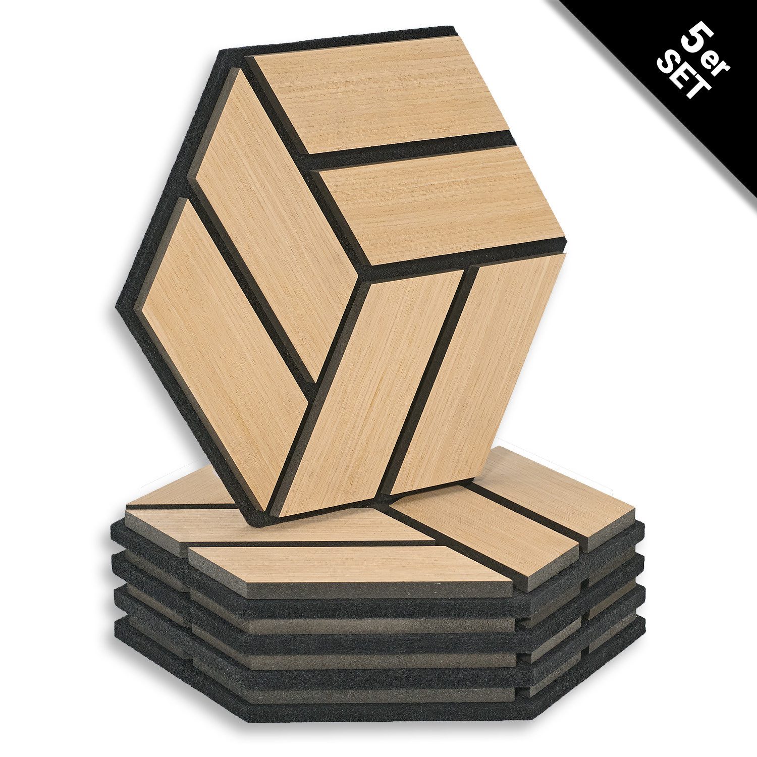 Homestyle4u Wandpaneel je 30x26 Hexagon Akustikpaneele Holz Schallschutz Filz Wand modern, (5er Set, 5-tlg., 5 Akustikpaneele) 3D Akustik Paneel Wandpaneel in Eiche zum Kleben oder Bohren
