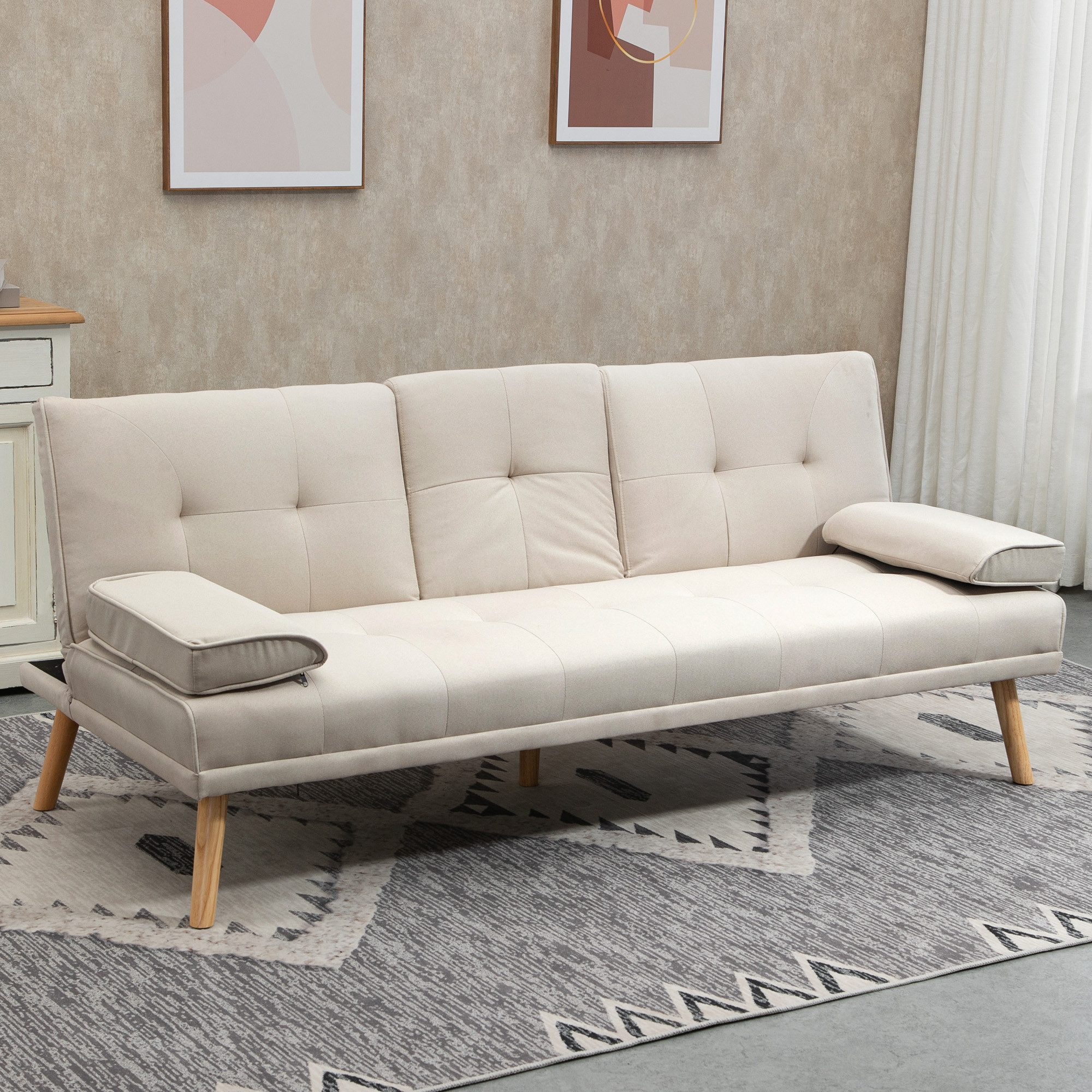 HOMCOM Schlafsofa Dreisitzer mit Bettfunktion, Einzelbett mit Kissen, Bettsofa 1 Teile, für Wohnzimmer, Beige