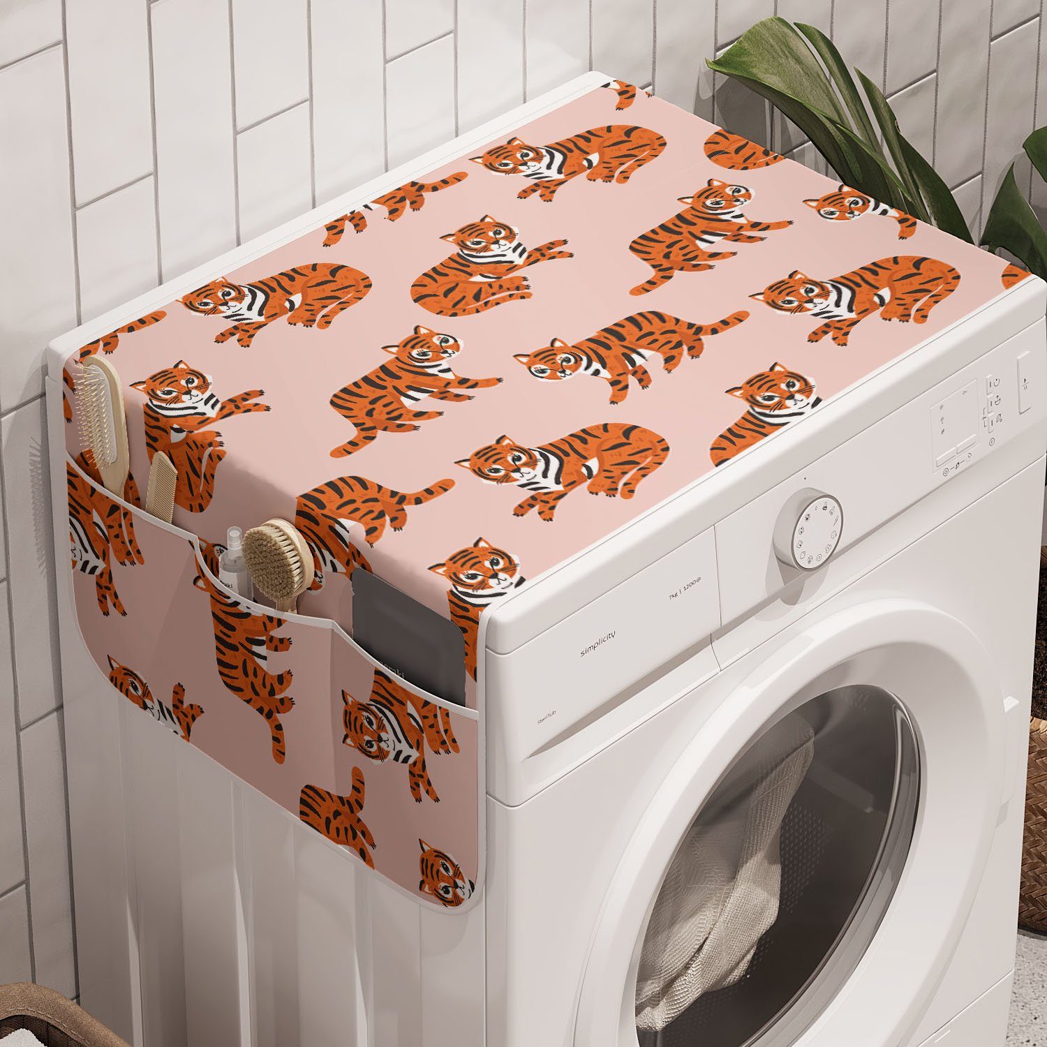 Abakuhaus Badorganizer Anti-Rutsch-Stoffabdeckung für Waschmaschine Childish Spaß Safari und Tiger-Muster Trockner