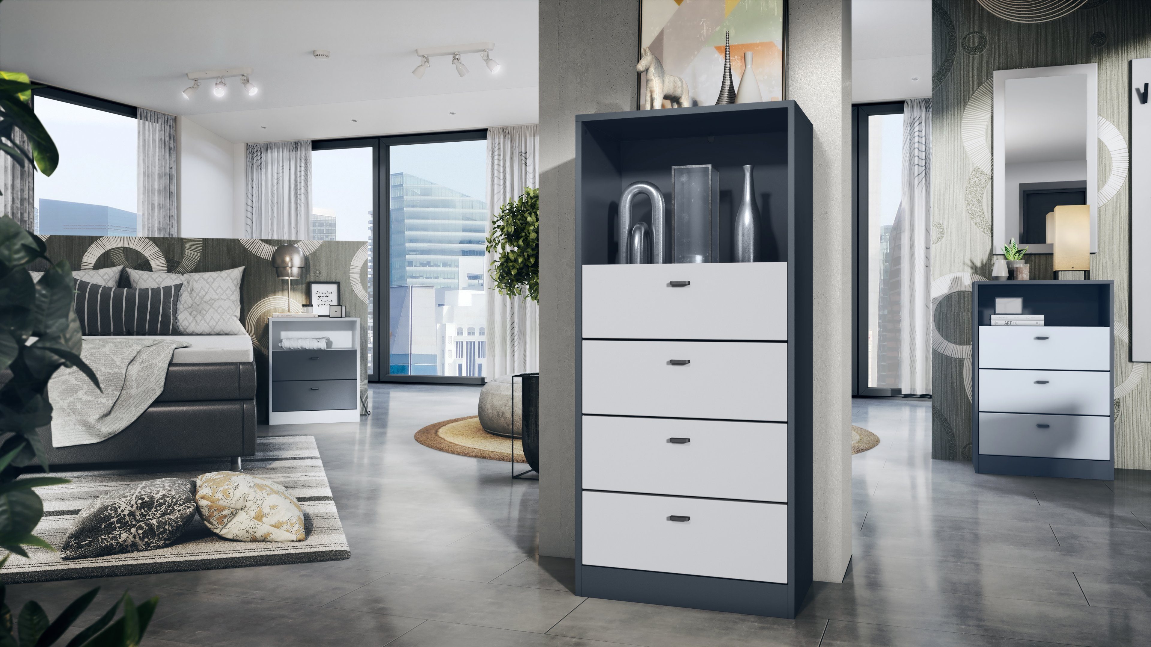Vladon Kommode Pino V3 (Anrichte, mit 4 Schubladen & 1 offenem Fach), Anthrazit matt/Weiß matt (56 x 125 x 36 cm)