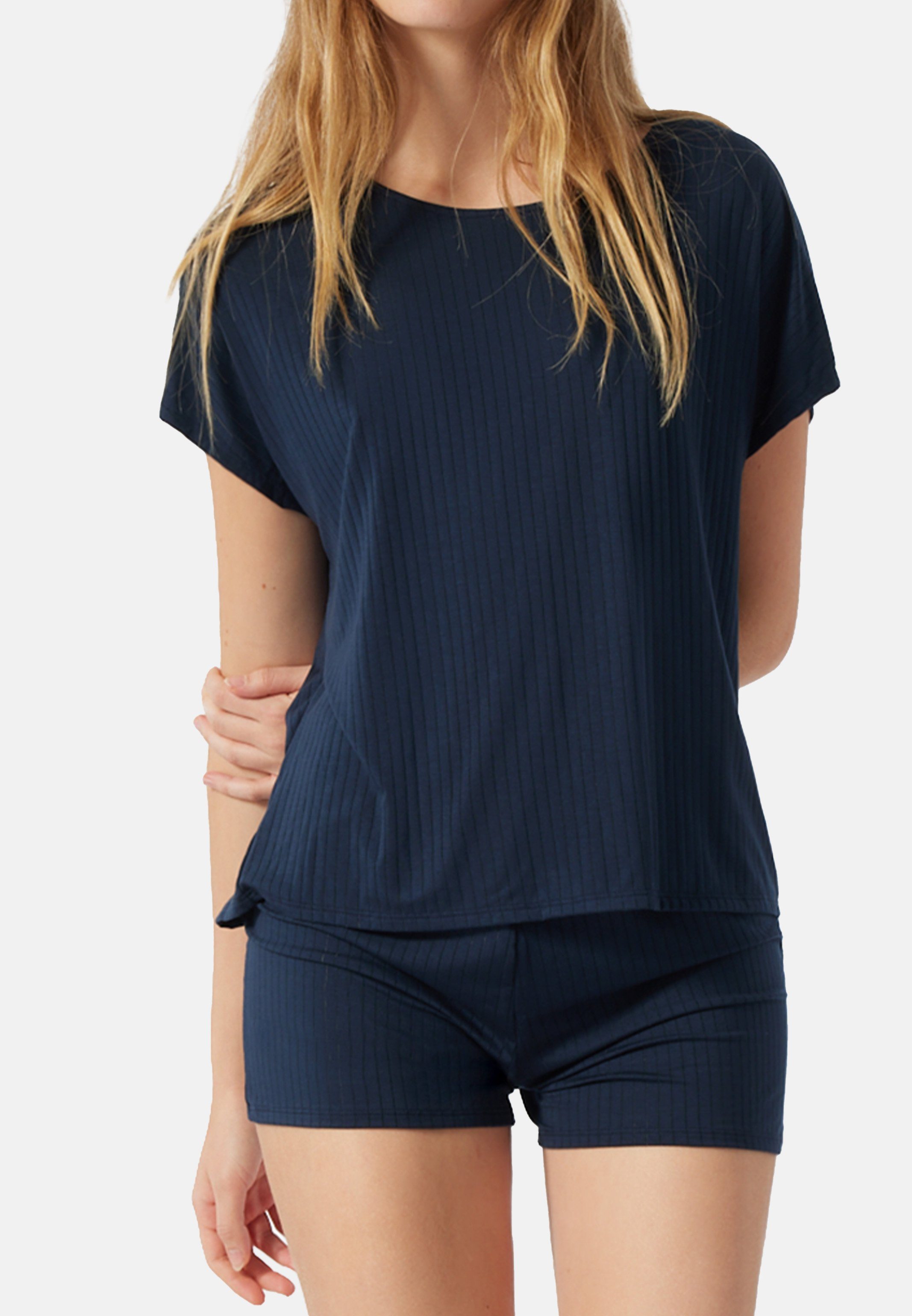 Schlafanzug Schiesser - (Set, Selected Fledermausärmeln Kurz Pyjama Dunkelblau mit 2 tlg) Oversized-Shirt Premium