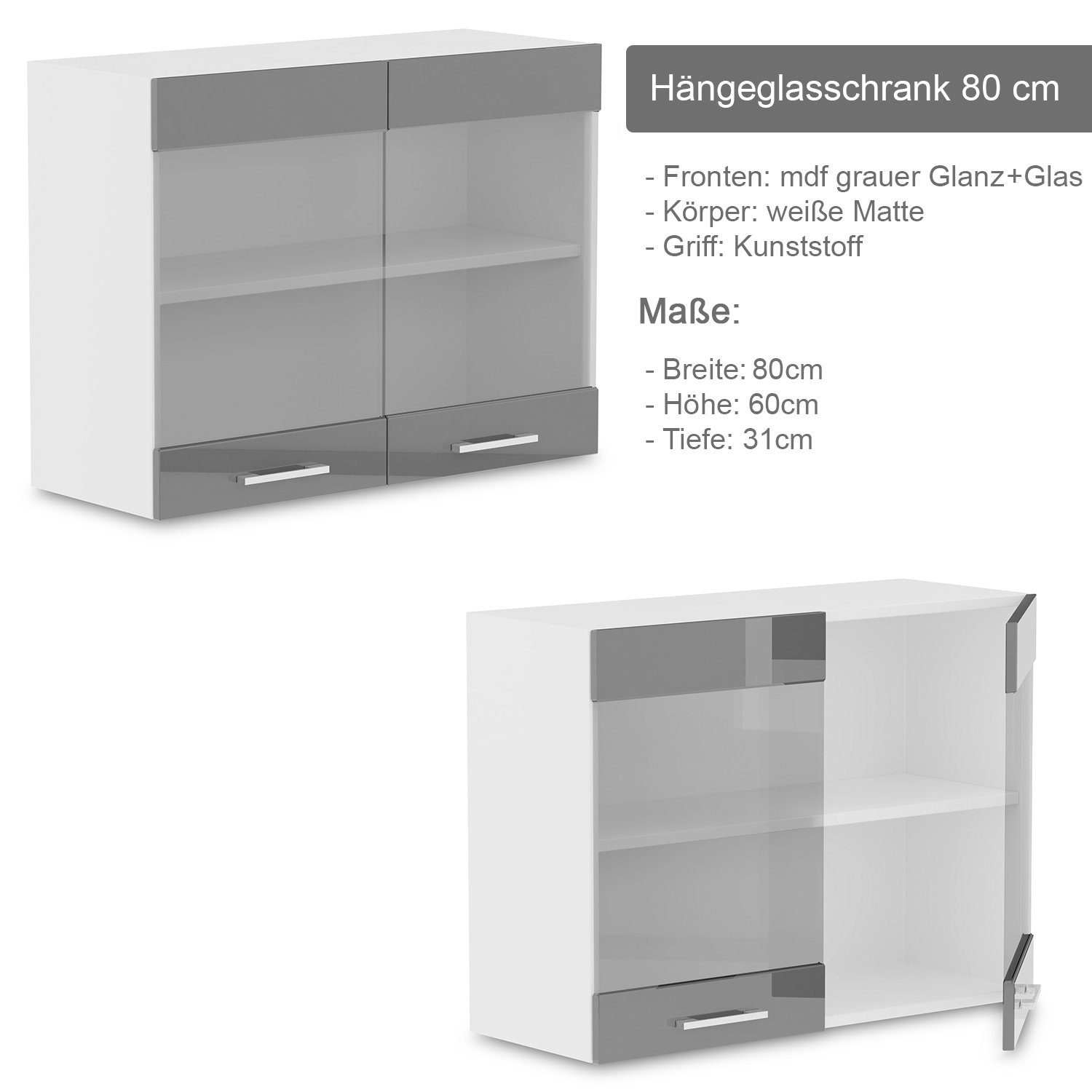 Roysson Home Küchenschrank Hängeschrank (Hochglanz) cm 80 Hängeglasschrank Grau